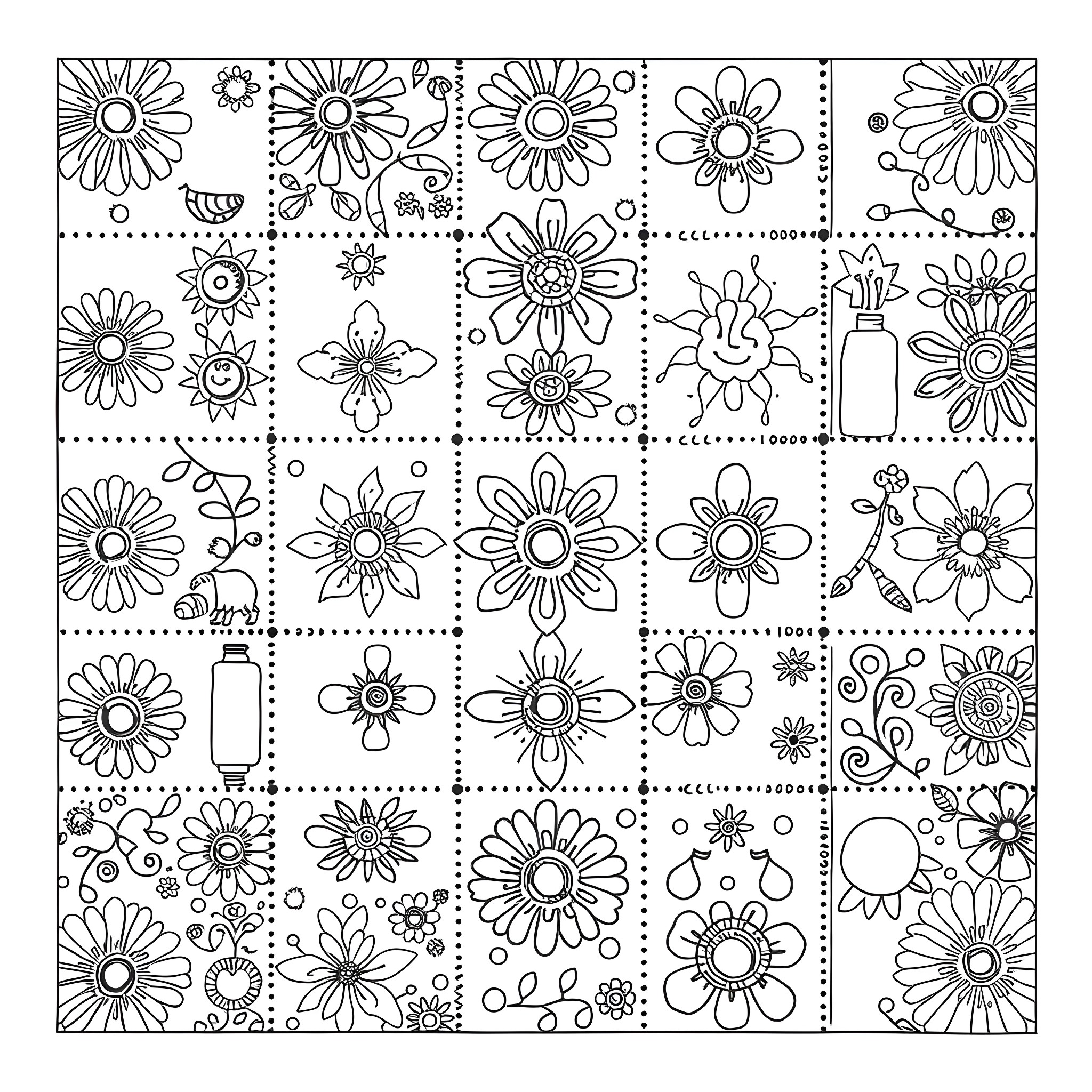 Patchwork of Whimsical Floral Illustrations Coloring Page (free black-and-white line drawing printable PDF for all, from beginners to advanced learners, including children, teens, adults, and seniors)