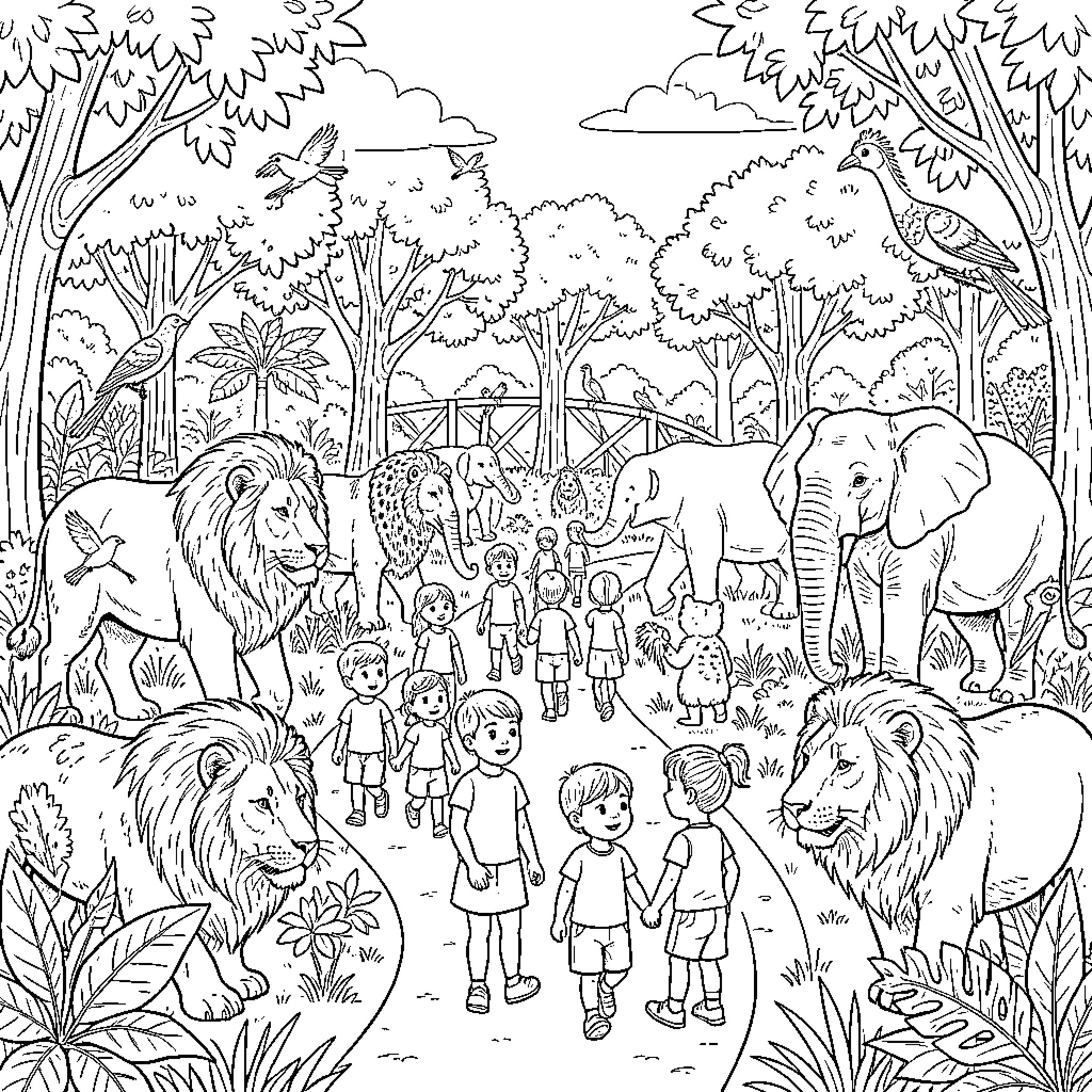 Zoo Adventure with Diverse Animal Encounters Coloring Page (free black-and-white line drawing printable PDF for all, from beginners to advanced learners, including children, teens, adults, and seniors)