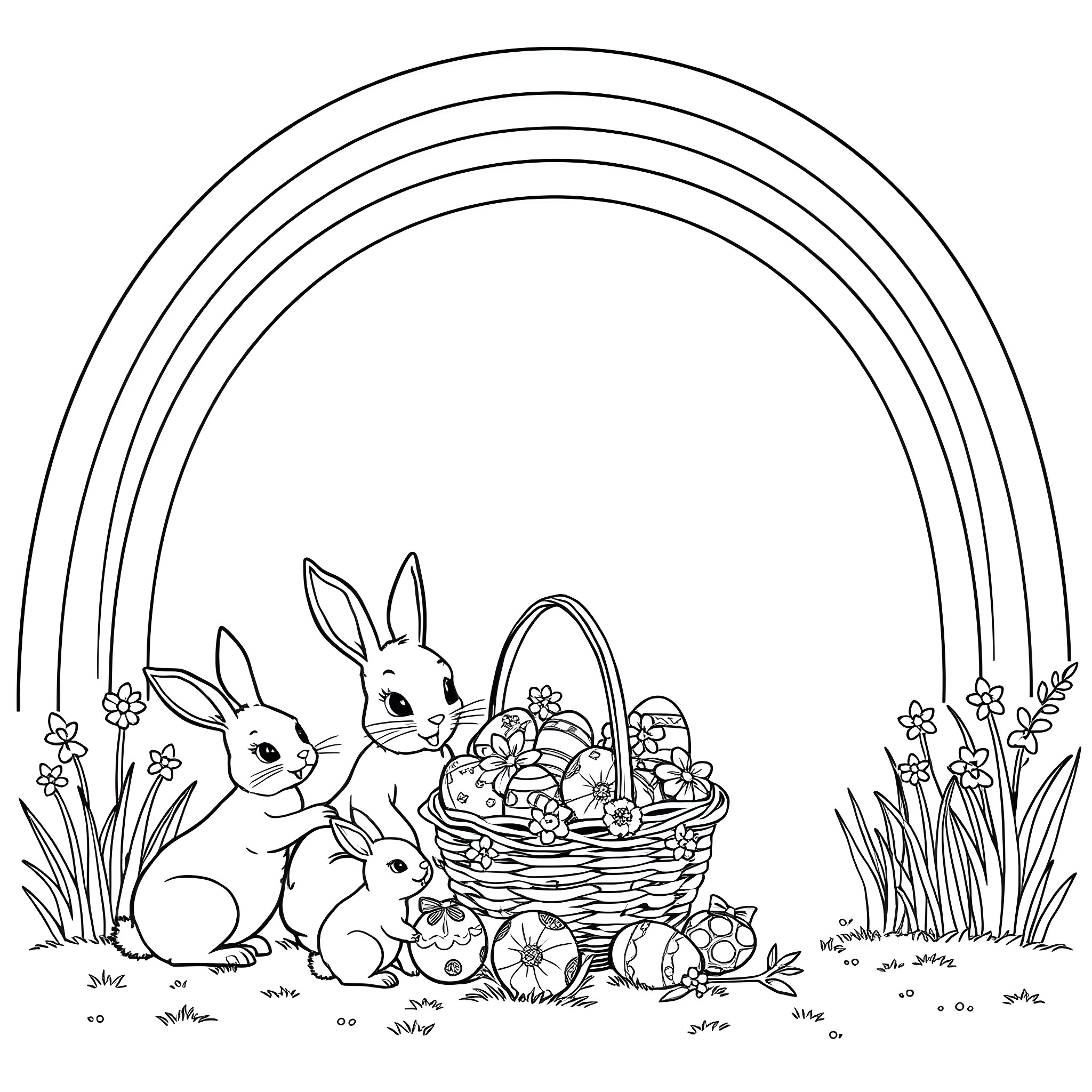 Rainbow Rabbits and Easter Basket Celebration Coloring Page (free black-and-white line drawing printable PDF for all, from beginners to advanced learners, including children, teens, adults, and seniors)