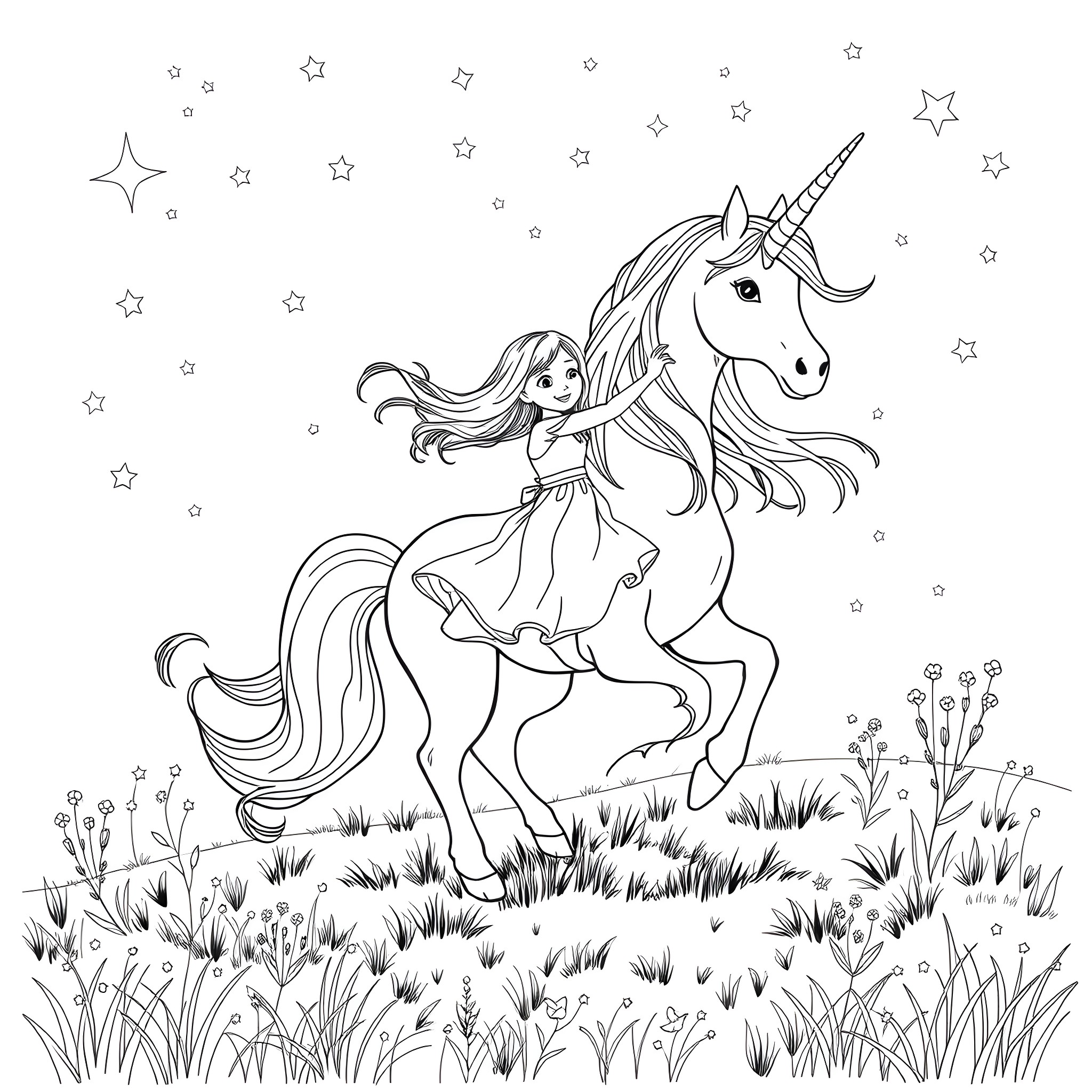 Unicorn and a girl riding through the starry night Coloring Page (free black-and-white line drawing printable PDF for all, from beginners to advanced learners, including children, teens, adults, and seniors)