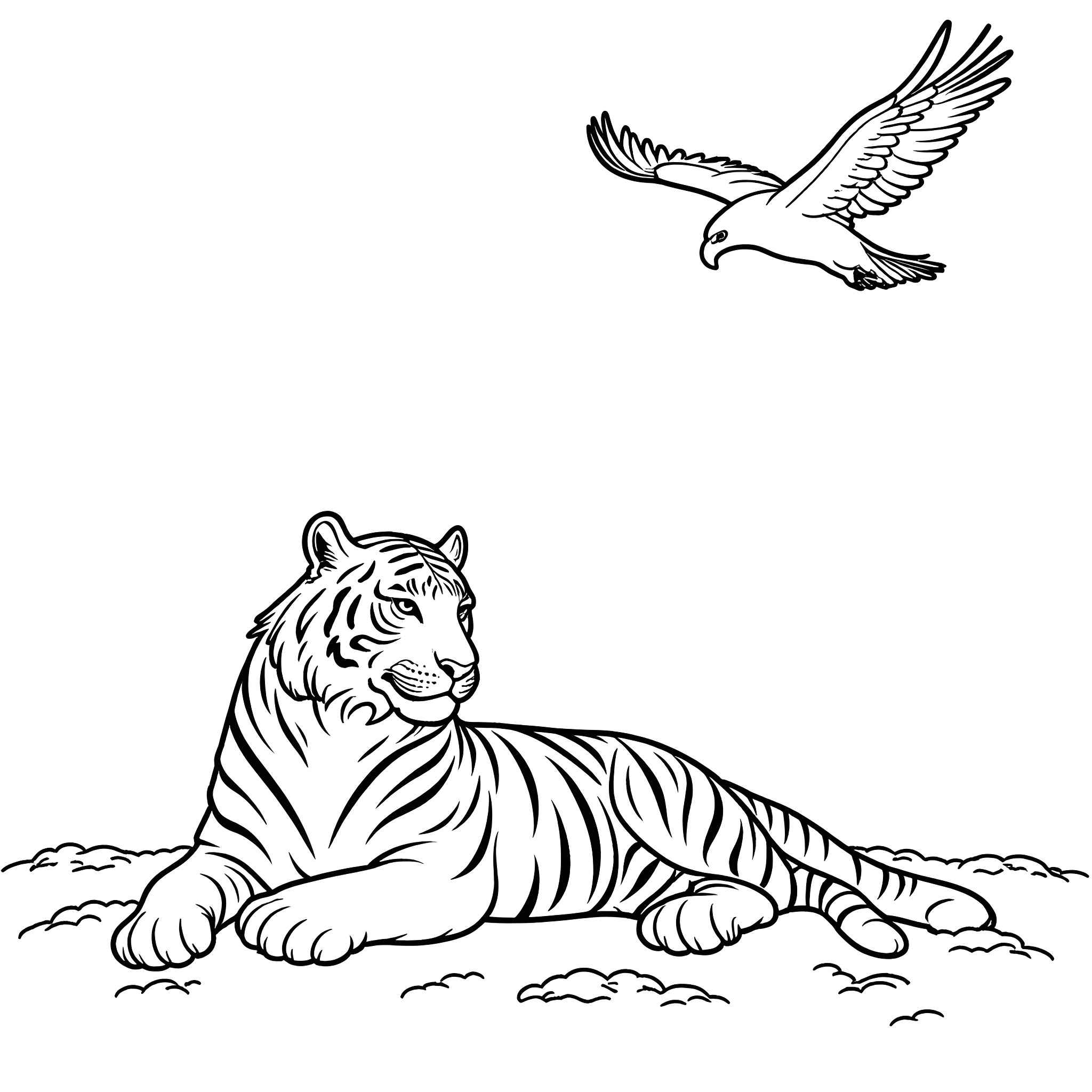 Tiger resting beneath soaring eagle Coloring Page (free black-and-white line drawing printable PDF for all, from beginners to advanced learners, including children, teens, adults, and seniors)