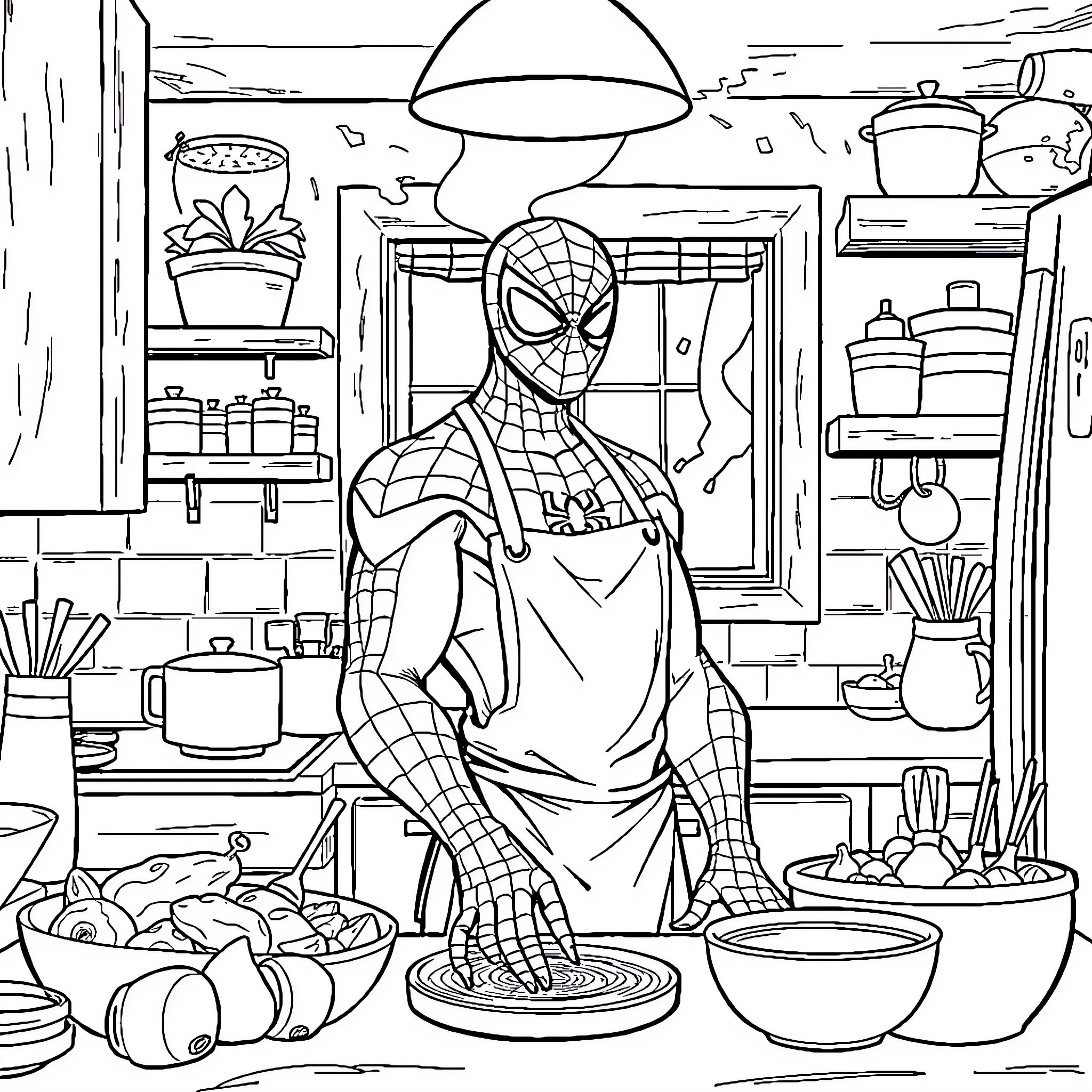 Spiderman cooking in a kitchen Coloring Page (free black-and-white line drawing printable PDF for all, from beginners to advanced learners, including children, teens, adults, and seniors)