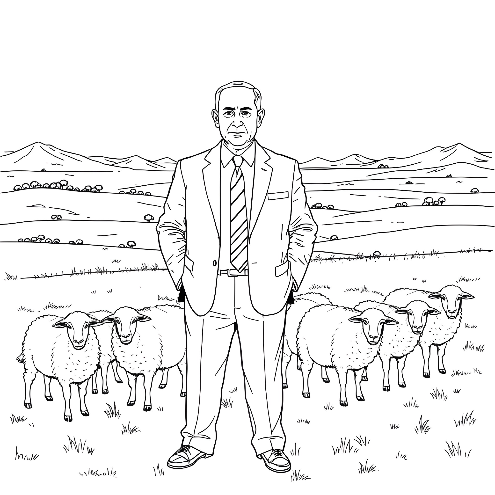 Netanyahu among sheep in a rural landscape Coloring Page (free black-and-white line drawing printable PDF for all, from beginners to advanced learners, including children, teens, adults, and seniors)