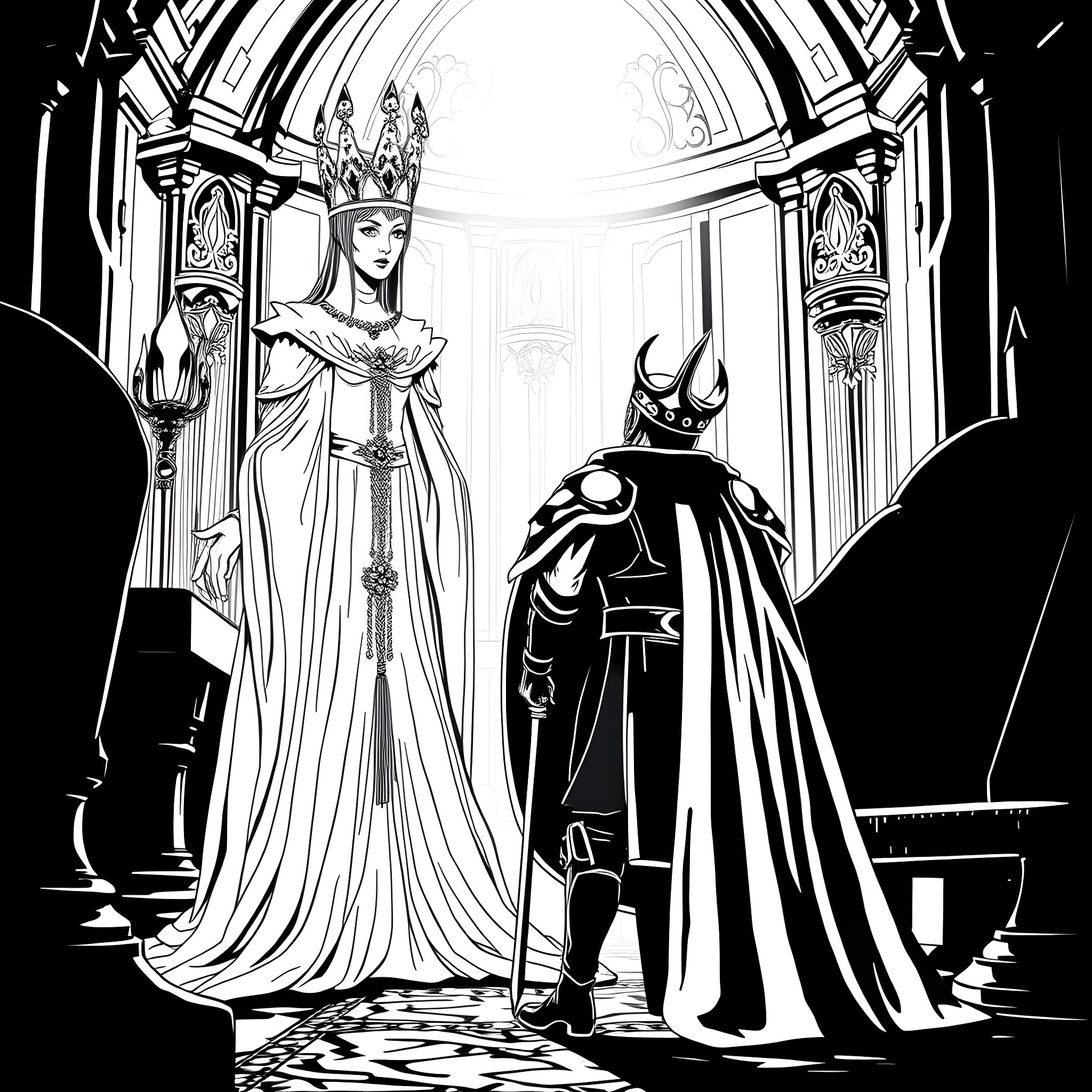 Queen and the Dark Knight Encounter in the Palace Coloring Page (free black-and-white line drawing printable PDF for all, from beginners to advanced learners, including children, teens, adults, and seniors)