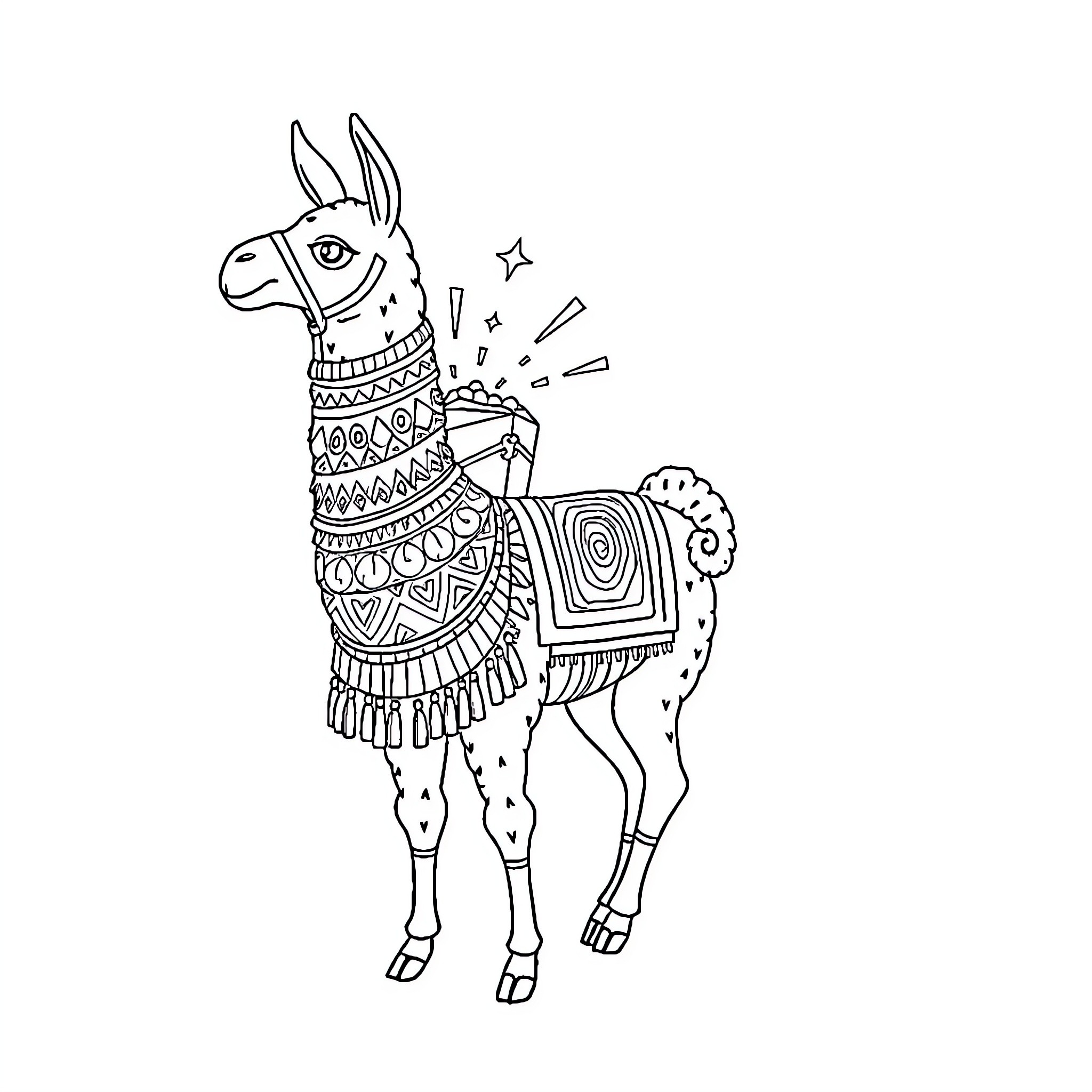 Llama with intricate patterns and decorations Coloring Page (free black-and-white line drawing printable PDF for all, from beginners to advanced learners, including children, teens, adults, and seniors)