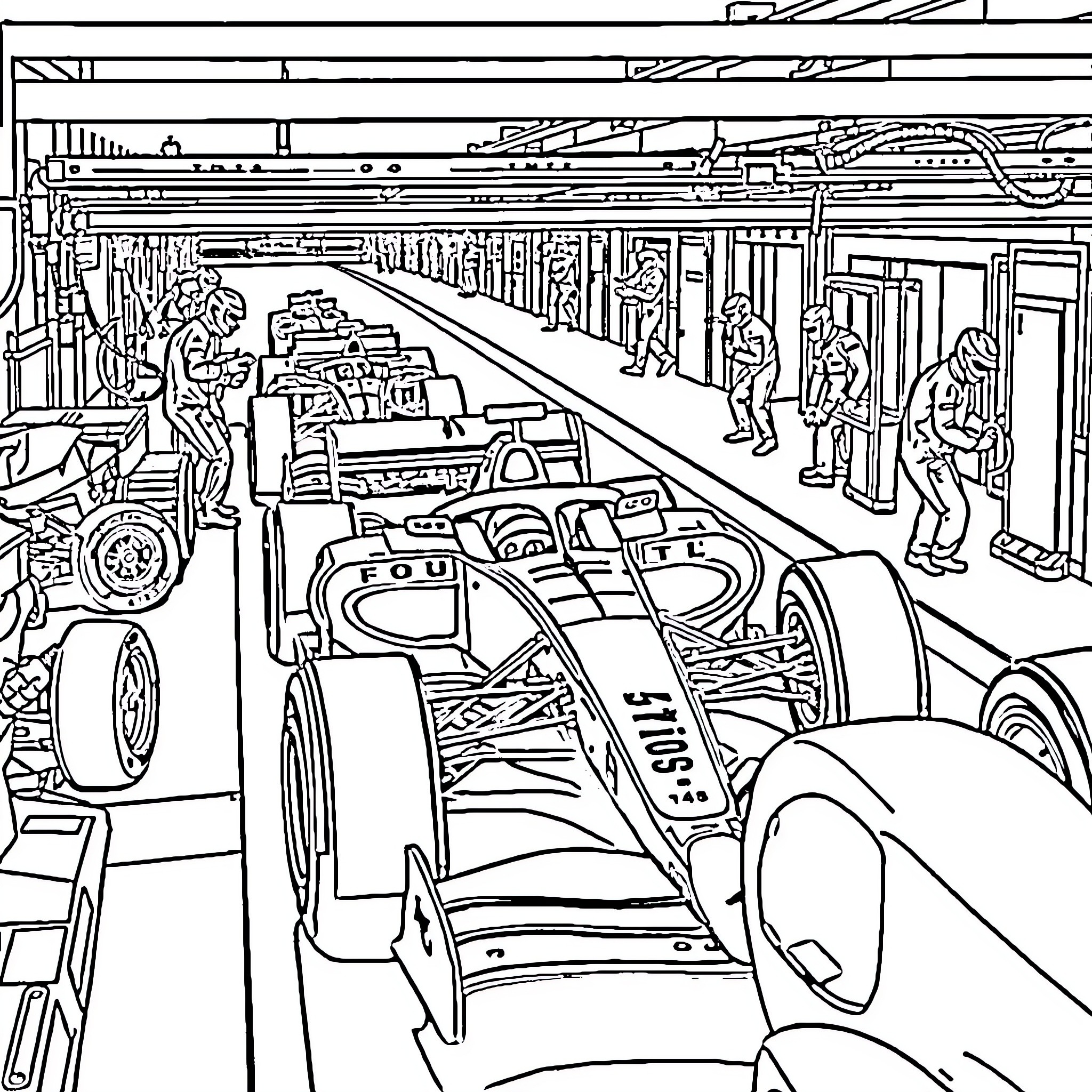 Formula One Racing Preparations in the Pit Area Coloring Page (free black-and-white line drawing printable PDF for all, from beginners to advanced learners, including children, teens, adults, and seniors)