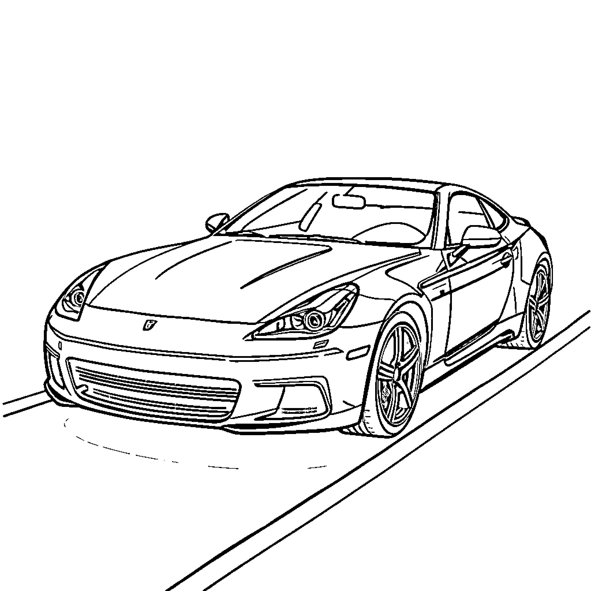 Car speeding on the road Coloring Page (free black-and-white line drawing printable PDF for all, from beginners to advanced learners, including children, teens, adults, and seniors)