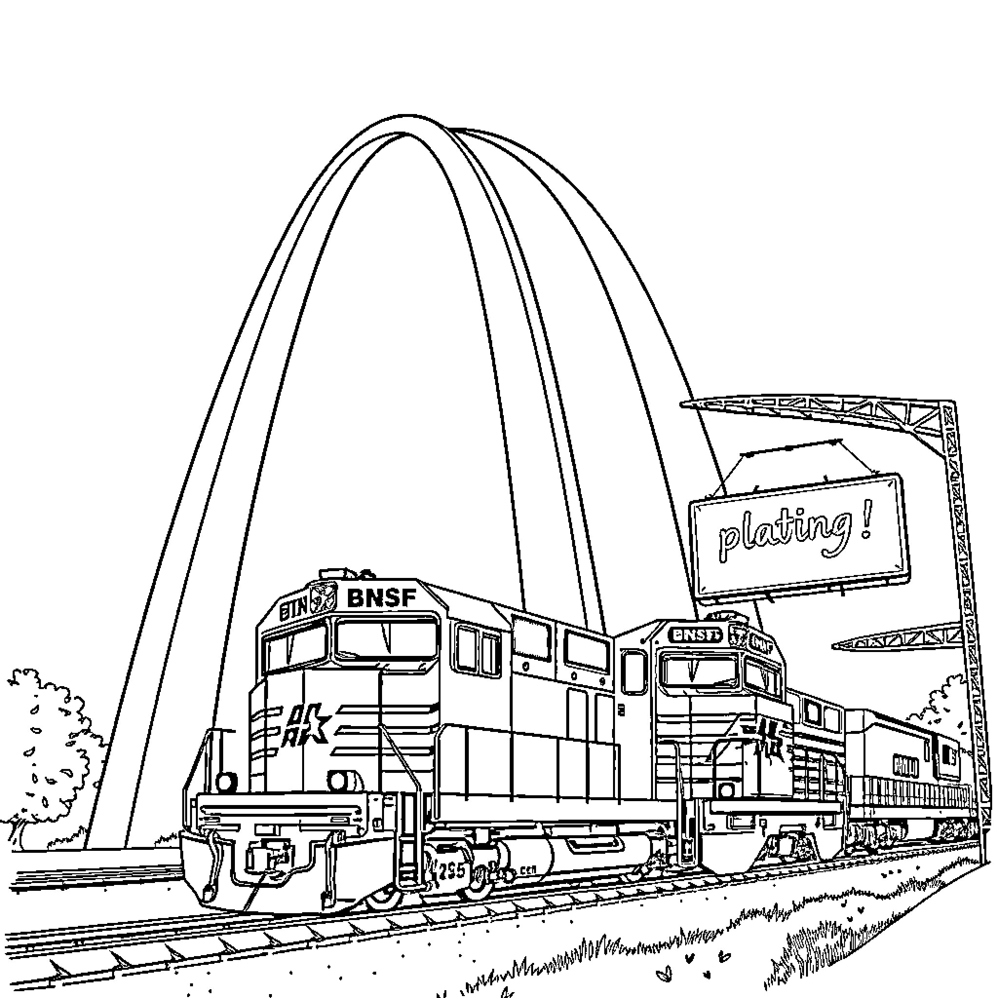 Arch-shaped Trains Passing Through the Landscape Coloring Page (free black-and-white line drawing printable PDF for all, from beginners to advanced learners, including children, teens, adults, and seniors)