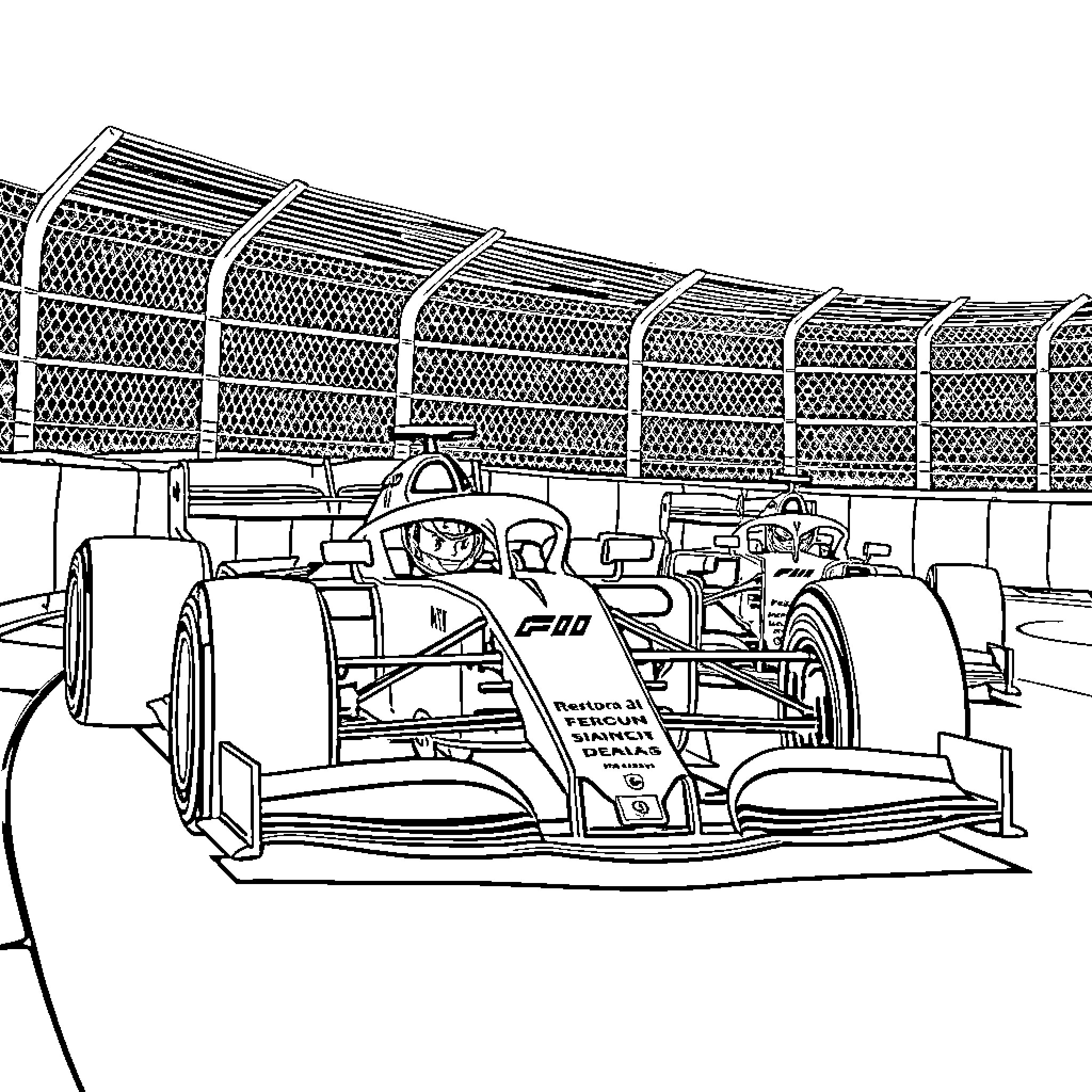 Nando's Formula One Racing Cars on Track Coloring Page (free black-and-white line drawing printable PDF for all, from beginners to advanced learners, including children, teens, adults, and seniors)
