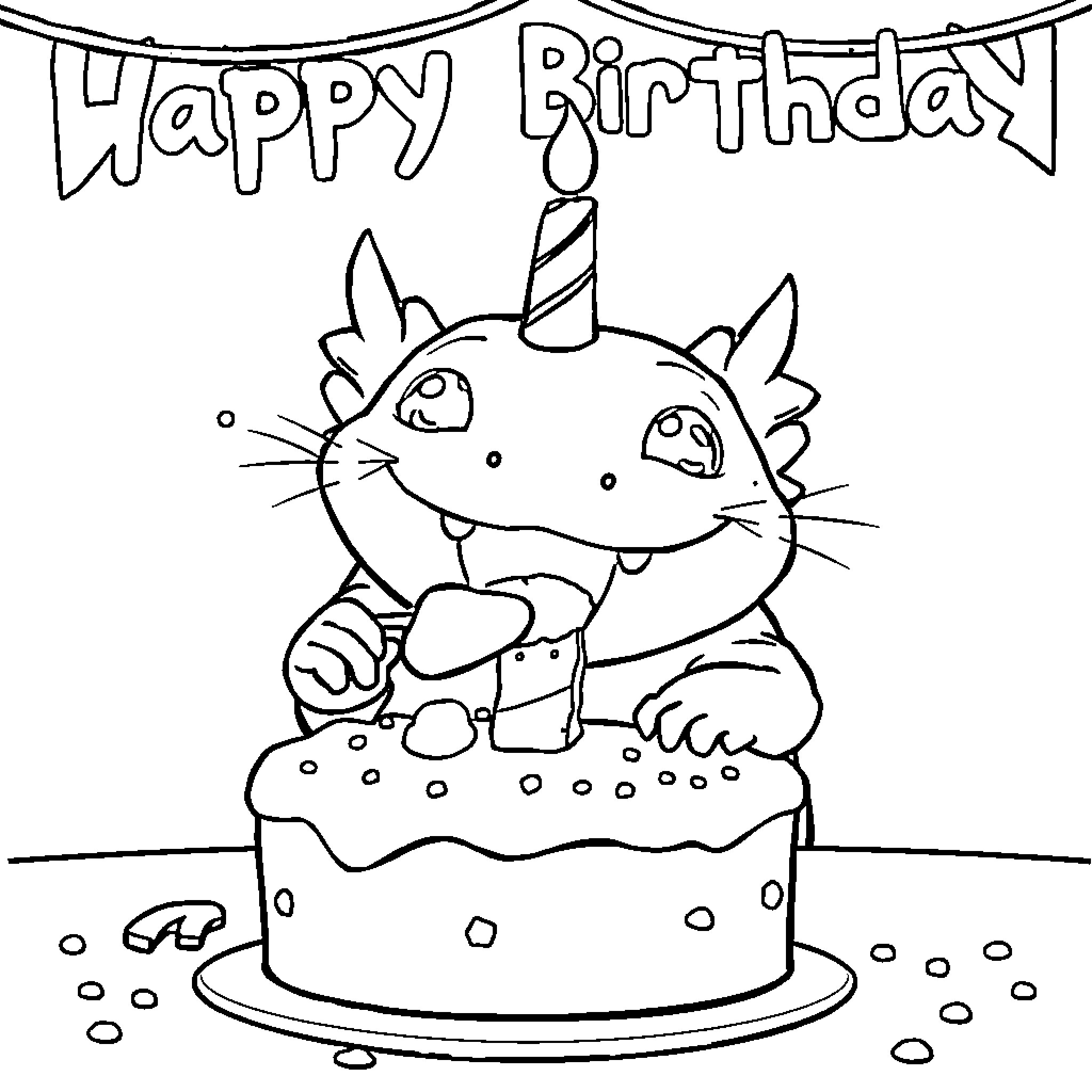 Axolotl celebrates birthday with cake and party hat Coloring Page (free black-and-white line drawing printable PDF for all, from beginners to advanced learners, including children, teens, adults, and seniors)