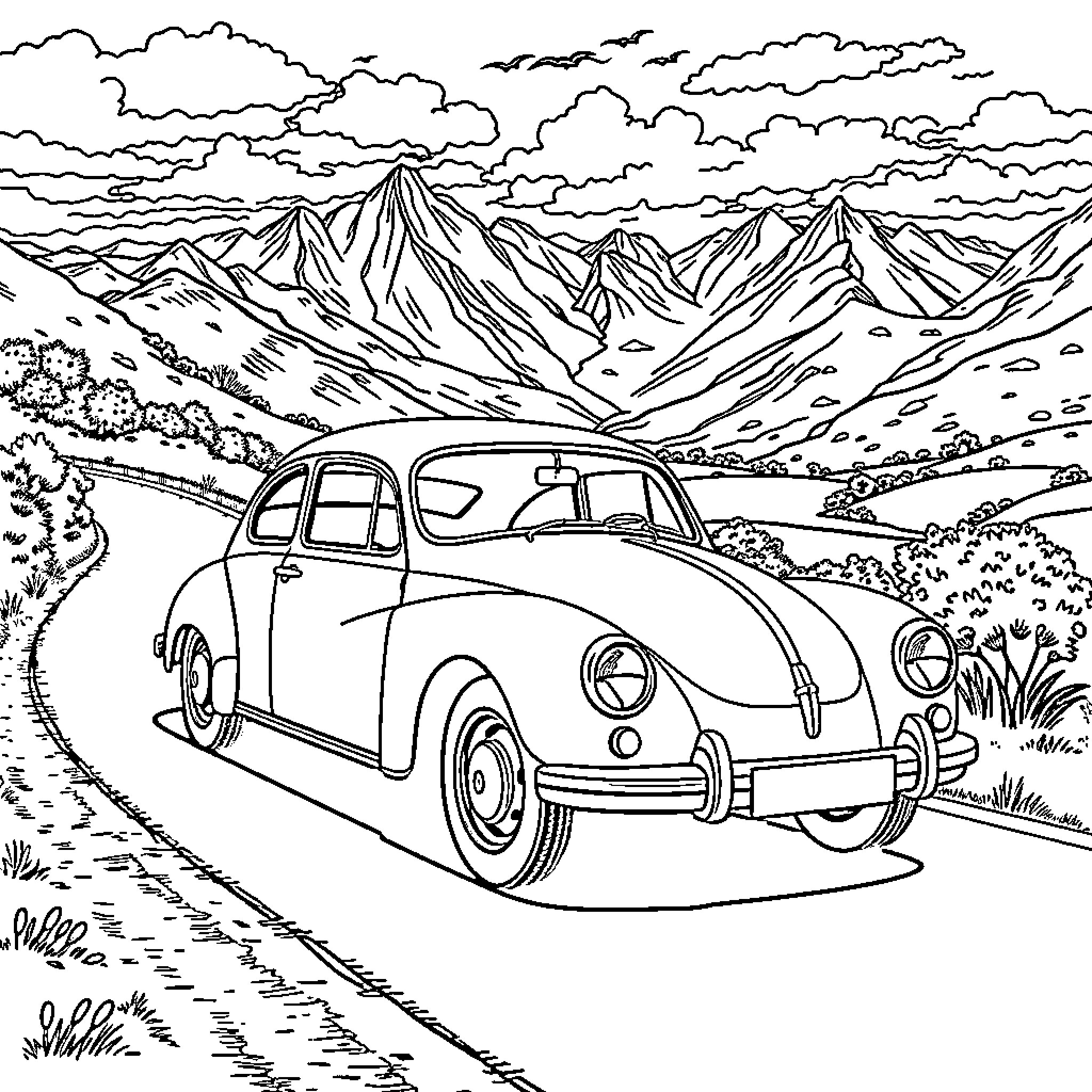 Car driving through scenic mountain landscape Coloring Page (free black-and-white line drawing printable PDF for all, from beginners to advanced learners, including children, teens, adults, and seniors)