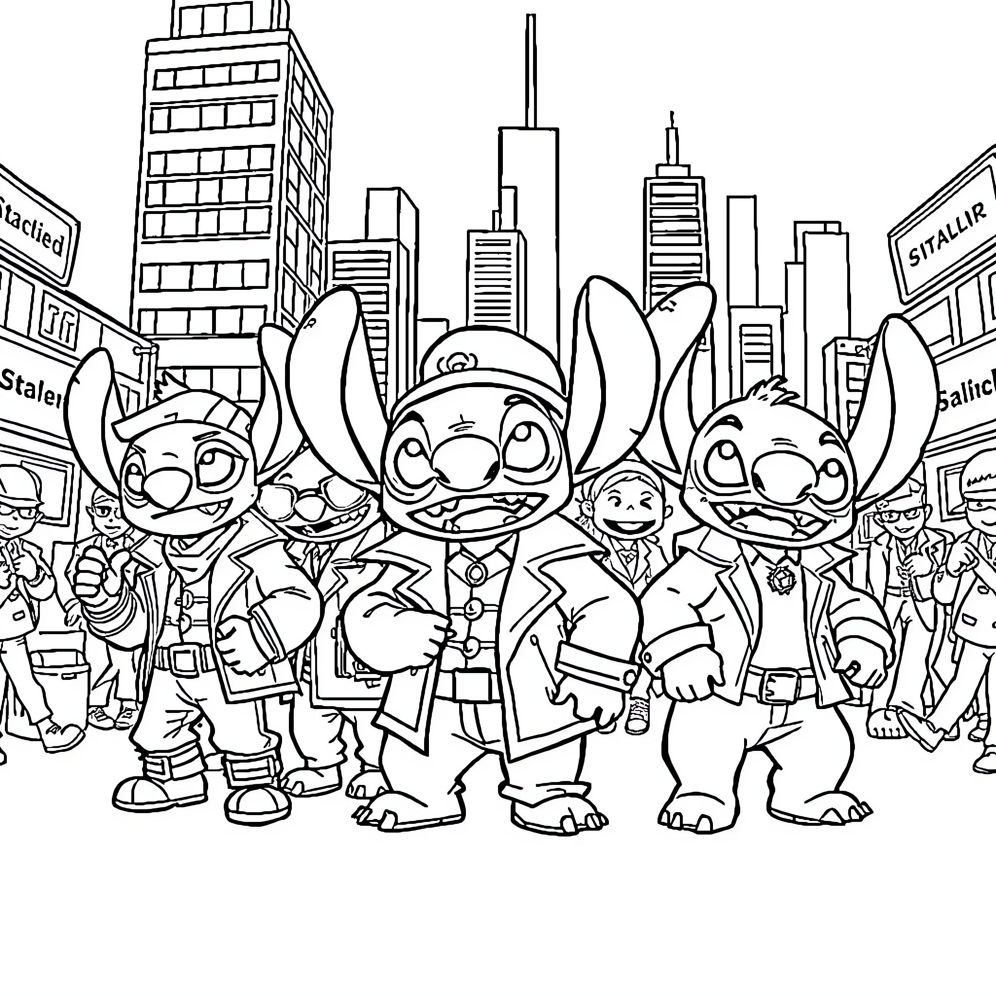 Stitch and friends explore the bustling city Coloring Page (free black-and-white line drawing printable PDF for all, from beginners to advanced learners, including children, teens, adults, and seniors)