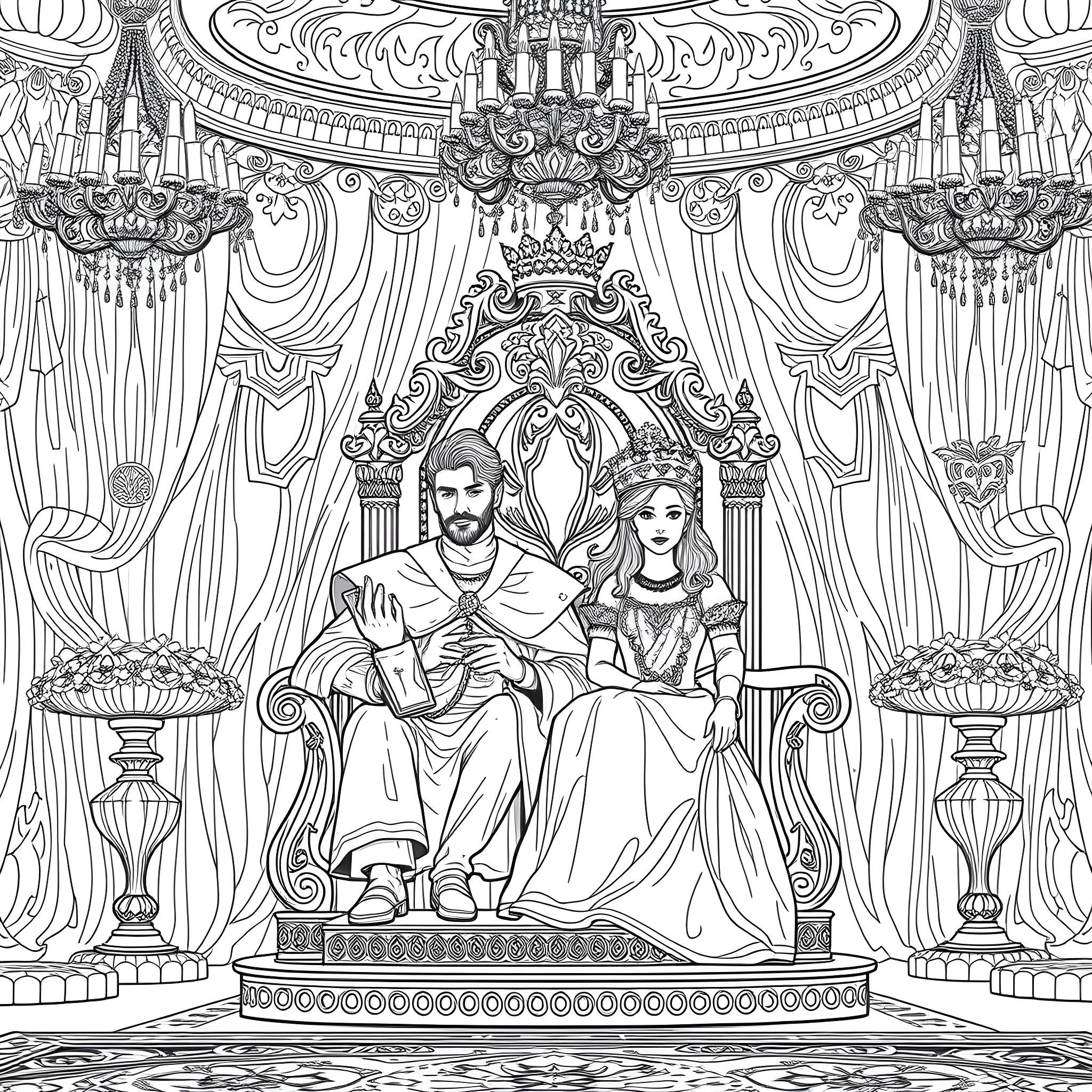 King and Queen Seated in Ornate Throne Room Coloring Page (free black-and-white line drawing printable PDF for all, from beginners to advanced learners, including children, teens, adults, and seniors)