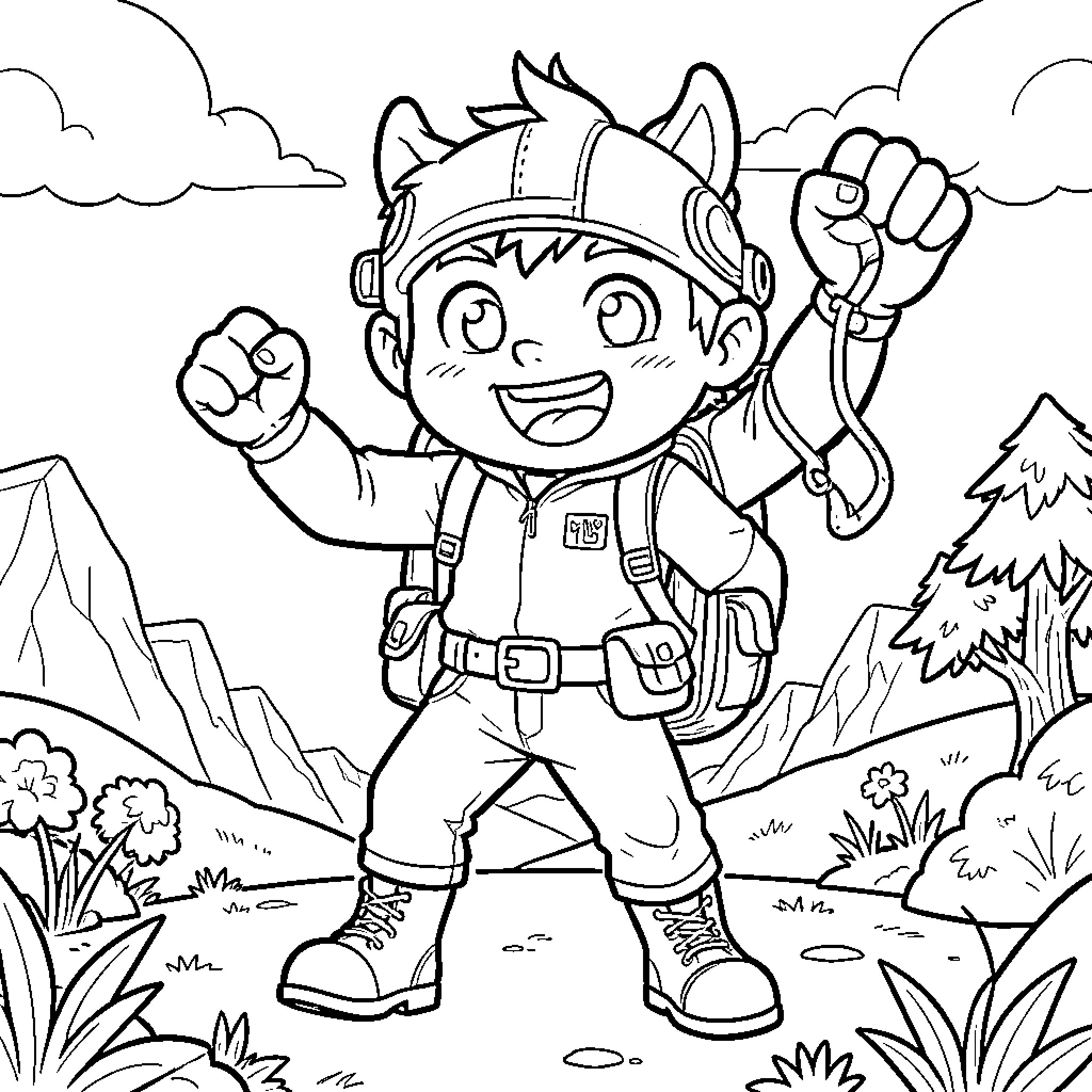 Bluy happy boy cheering in nature outfit Coloring Page (free black-and-white line drawing printable PDF for all, from beginners to advanced learners, including children, teens, adults, and seniors)