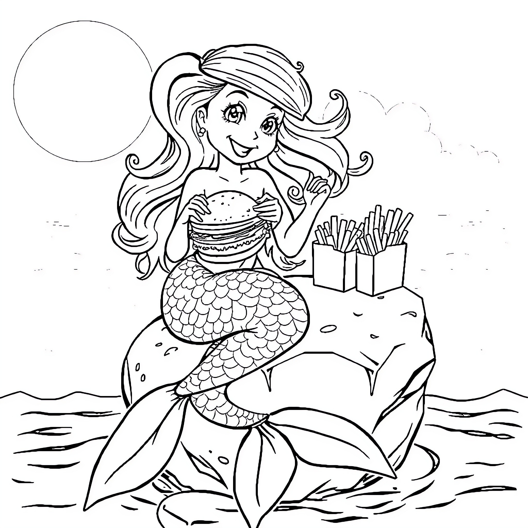 Mermaid enjoying a tasty snack on the ocean rocks Coloring Page (free black-and-white line drawing printable PDF for all, from beginners to advanced learners, including children, teens, adults, and seniors)