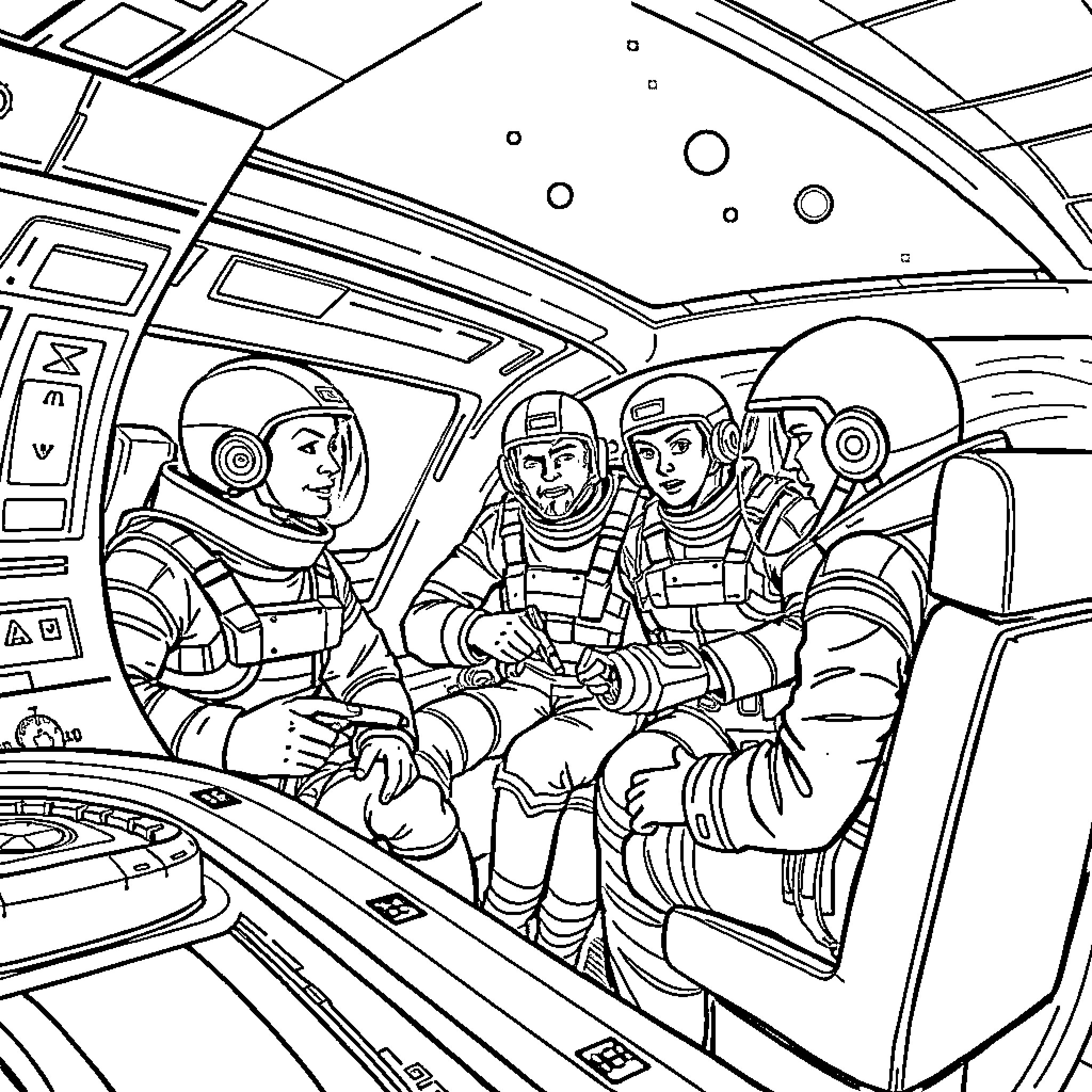 Among Us: Astronauts Exploring Outer Space Adventure Coloring Page (free black-and-white line drawing printable PDF for all, from beginners to advanced learners, including children, teens, adults, and seniors)