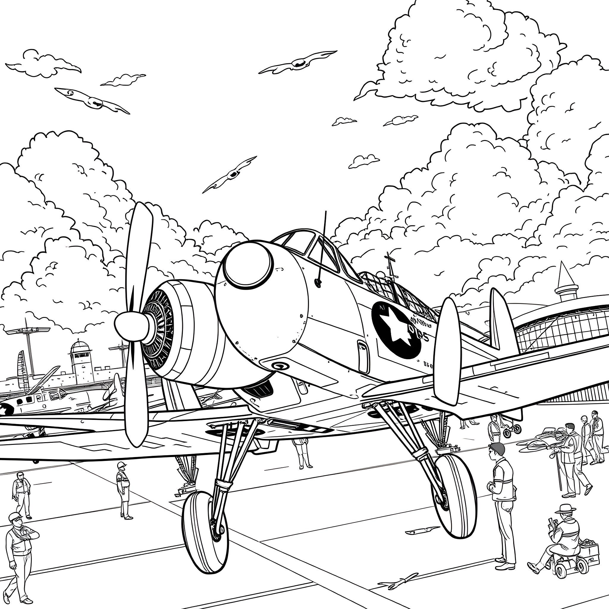 Plane taking off among clouds and people in airport Coloring Page (free black-and-white line drawing printable PDF for all, from beginners to advanced learners, including children, teens, adults, and seniors)