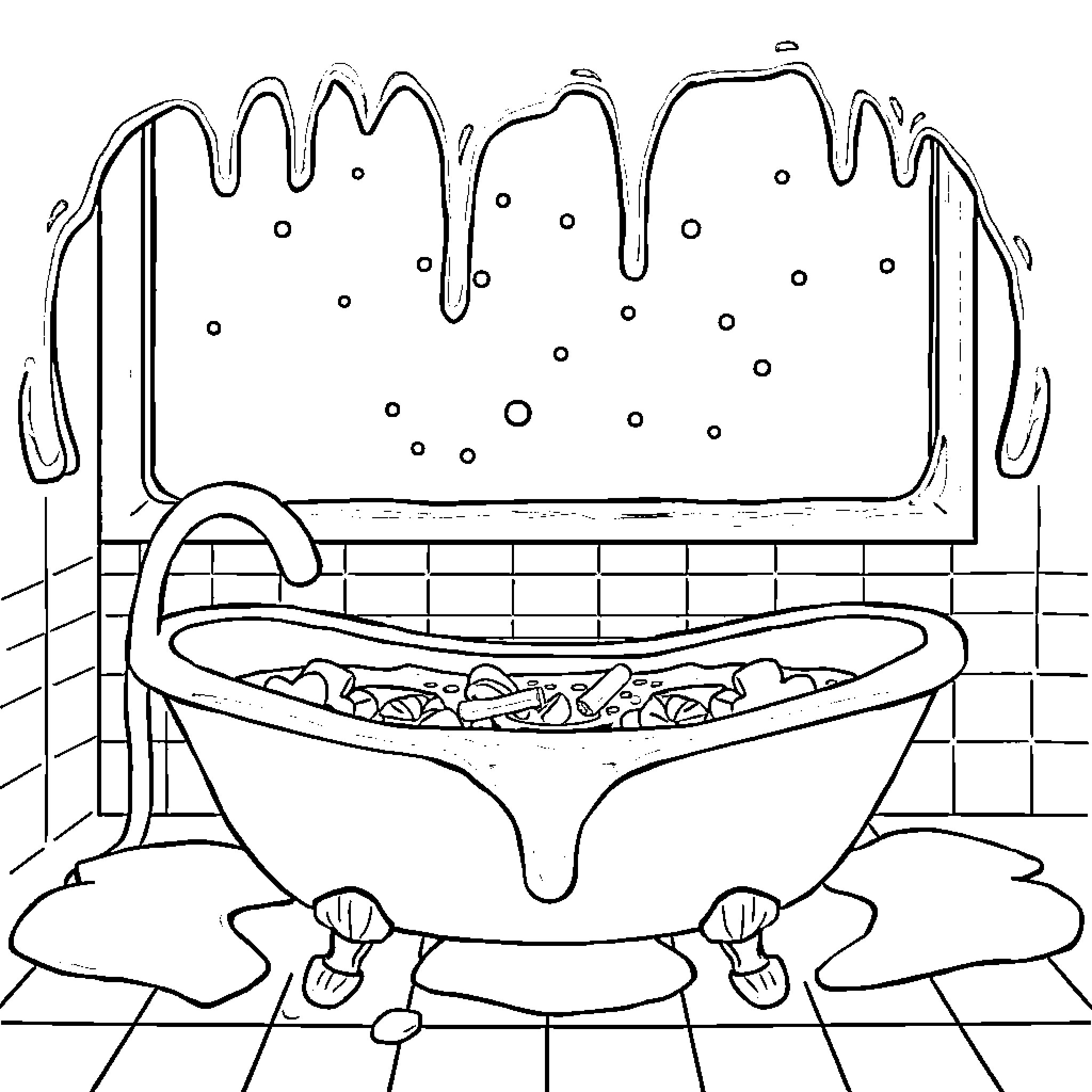 Chocolate Melting in a Vintage Bathtub Coloring Page (free black-and-white line drawing printable PDF for all, from beginners to advanced learners, including children, teens, adults, and seniors)