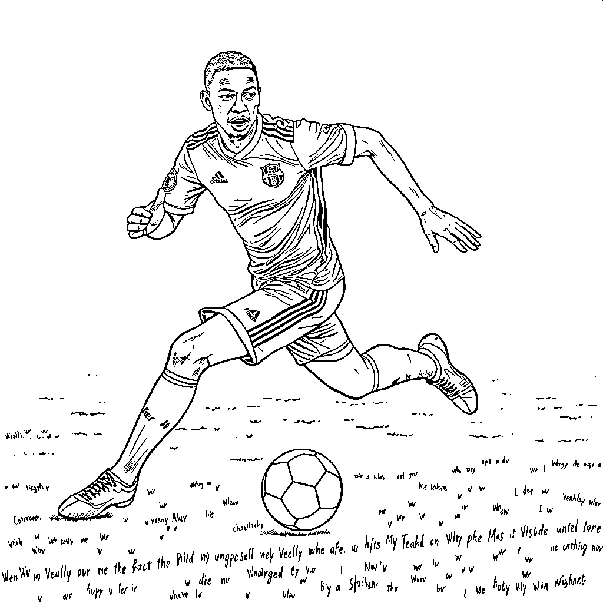 Mbappe sprinting with determination on the field Coloring Page (free black-and-white line drawing printable PDF for all, from beginners to advanced learners, including children, teens, adults, and seniors)