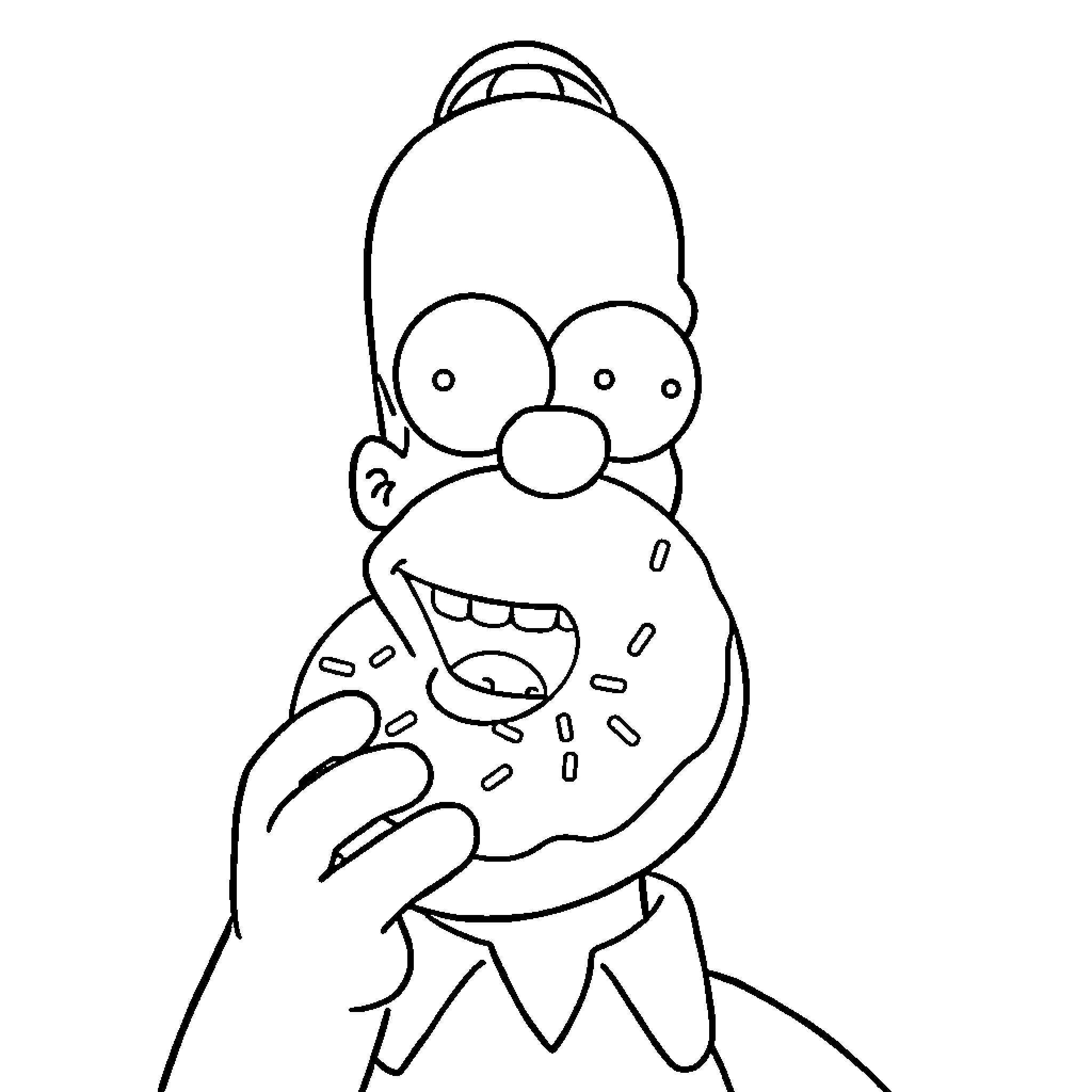 Homer Simpson enjoying a donut with glee Coloring Page (free black-and-white line drawing printable PDF for all, from beginners to advanced learners, including children, teens, adults, and seniors)