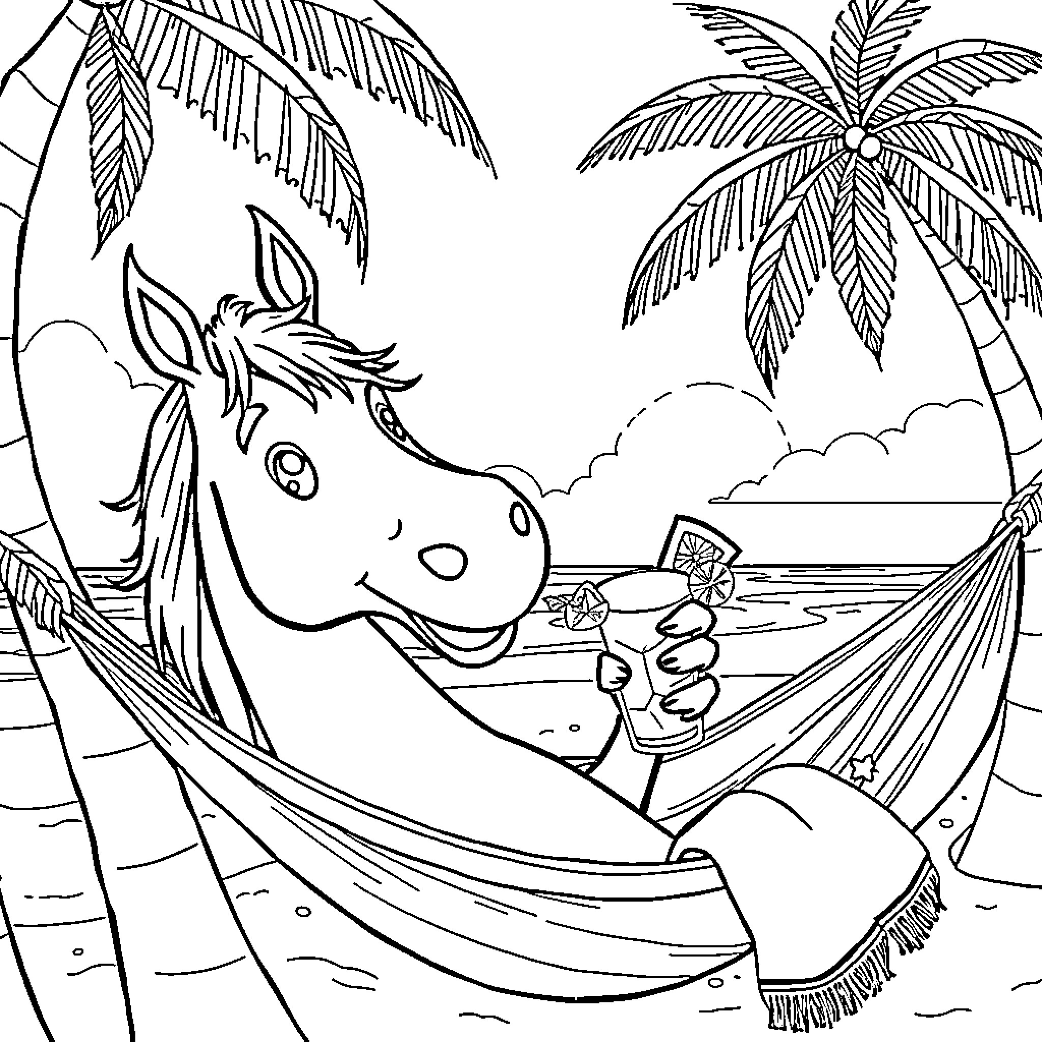 Horse relaxing in hammock on tropical beach Coloring Page (free black-and-white line drawing printable PDF for all, from beginners to advanced learners, including children, teens, adults, and seniors)