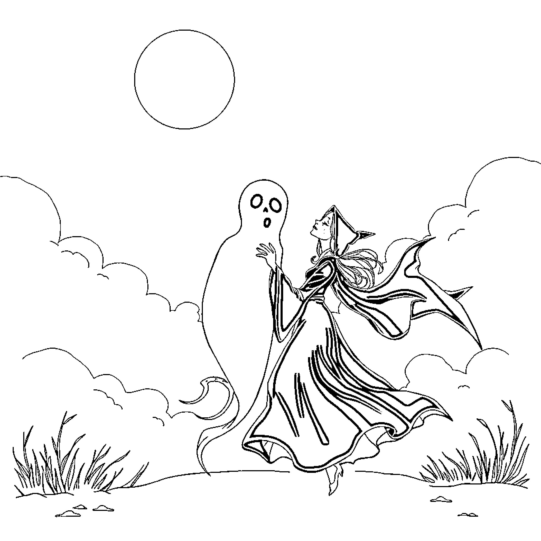 Ghost of the Haunted Meadow Coloring Page (free black-and-white line drawing printable PDF for all, from beginners to advanced learners, including children, teens, adults, and seniors)