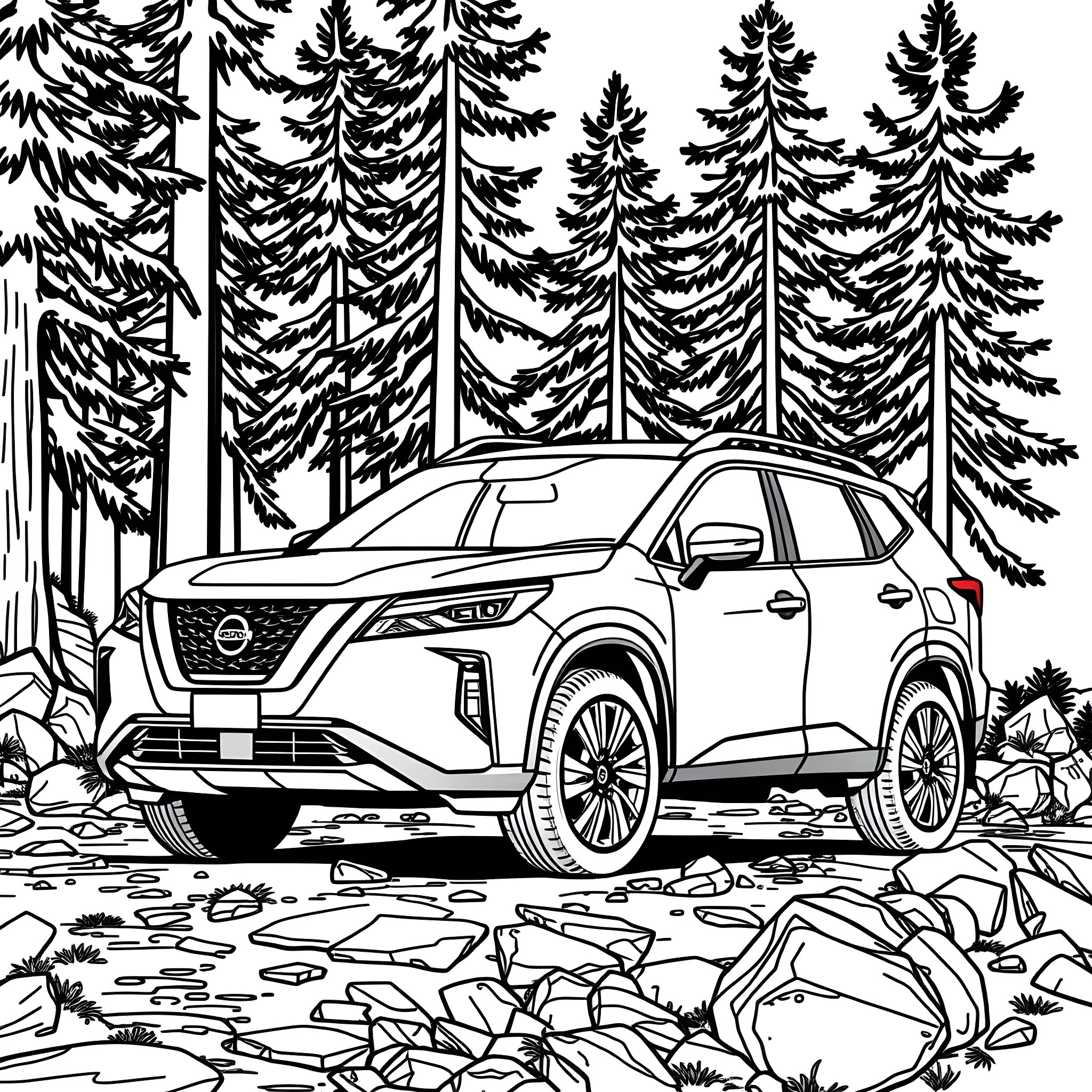 Nissan X Trail SUV in the forest Coloring Page (free black-and-white line drawing printable PDF for all, from beginners to advanced learners, including children, teens, adults, and seniors)