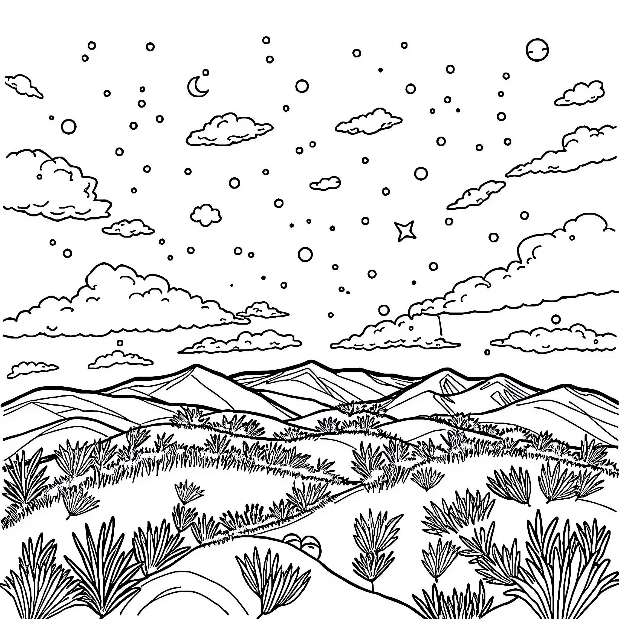 Everything Under the Starry Night Sky Coloring Page (free black-and-white line drawing printable PDF for all, from beginners to advanced learners, including children, teens, adults, and seniors)