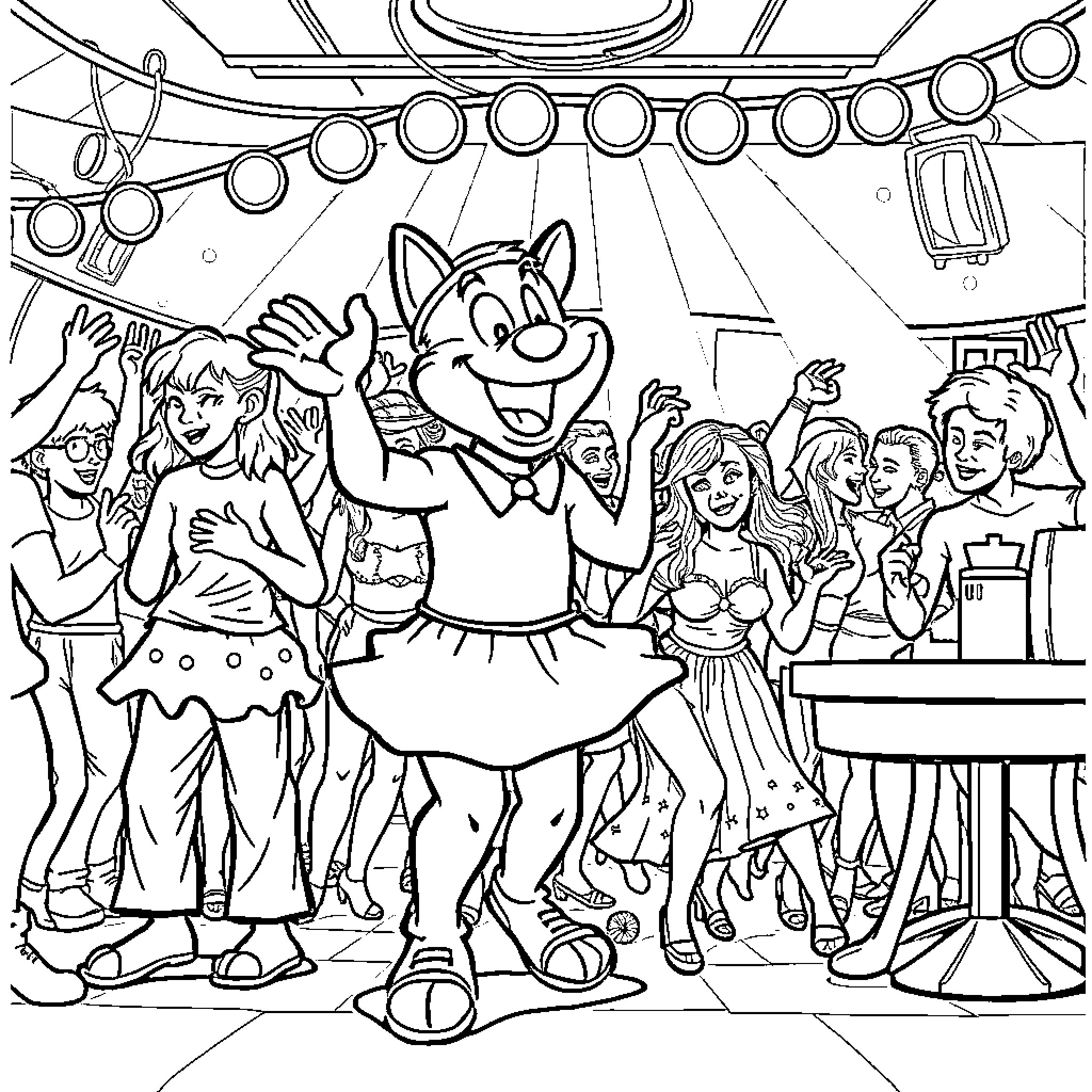 Rumy's Lively Stage Performance with Friends Coloring Page (free black-and-white line drawing printable PDF for all, from beginners to advanced learners, including children, teens, adults, and seniors)