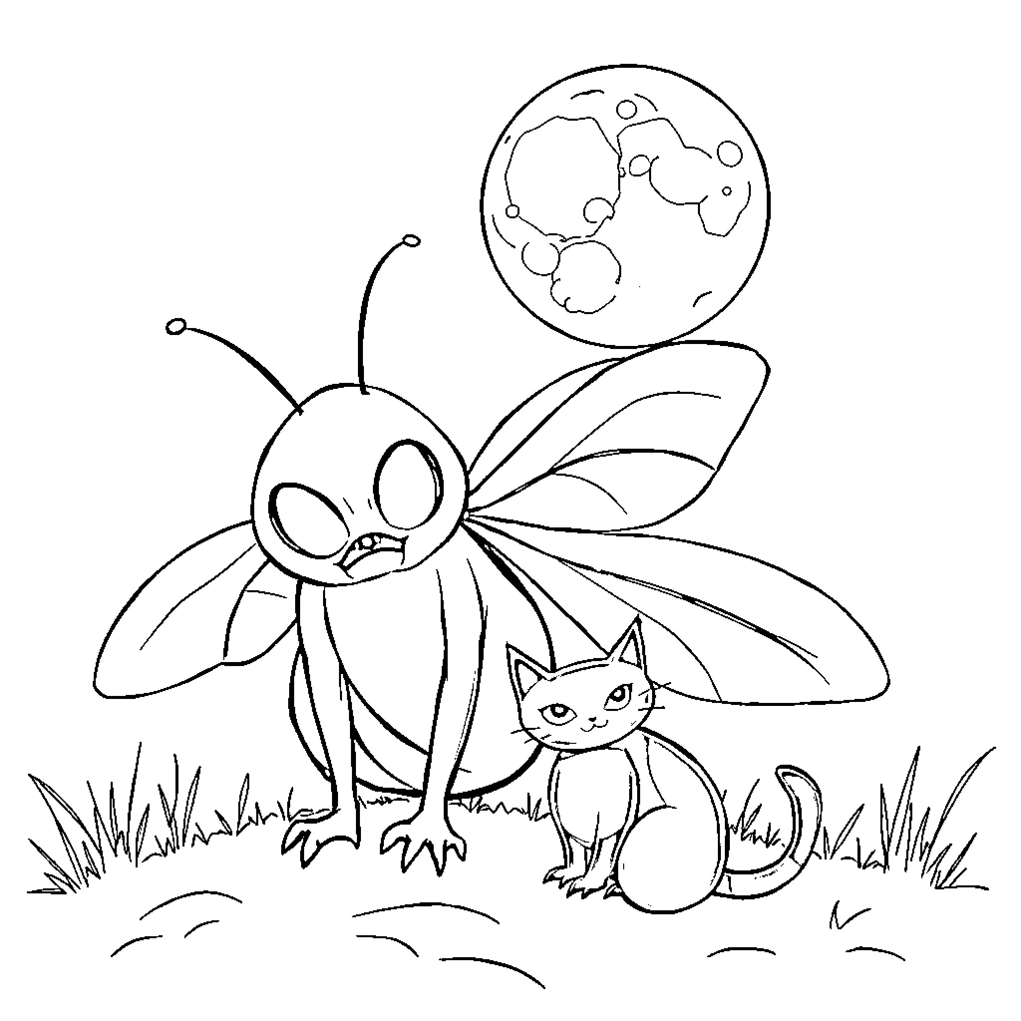 Pumpkin-shaped Firefly Observing a Curious Cat Coloring Page (free black-and-white line drawing printable PDF for all, from beginners to advanced learners, including children, teens, adults, and seniors)