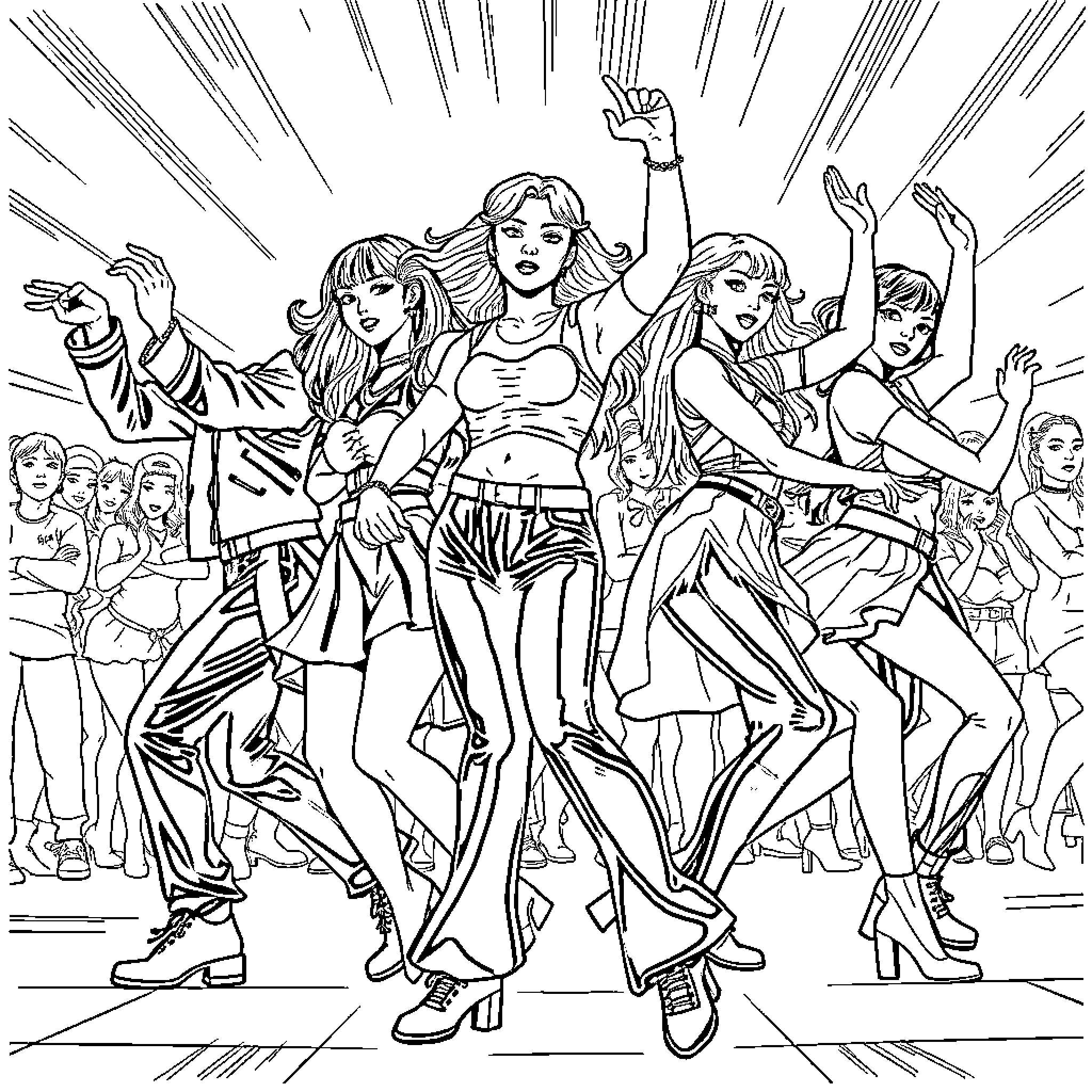 K Pop Warrior Fierce Dance Performance Coloring Page (free black-and-white line drawing printable PDF for all, from beginners to advanced learners, including children, teens, adults, and seniors)