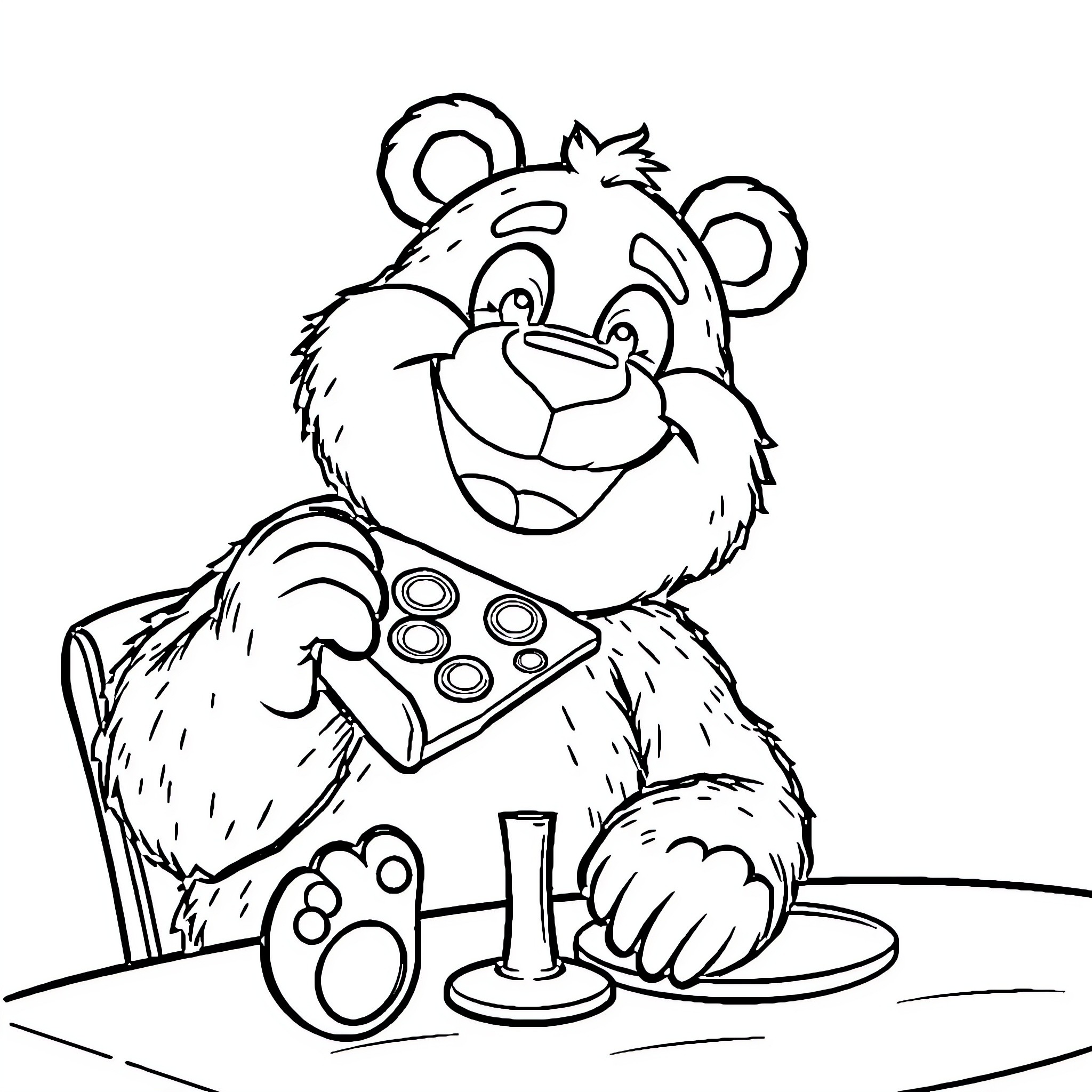 Freddy Fazbear playing video games with joy Coloring Page (free black-and-white line drawing printable PDF for all, from beginners to advanced learners, including children, teens, adults, and seniors)