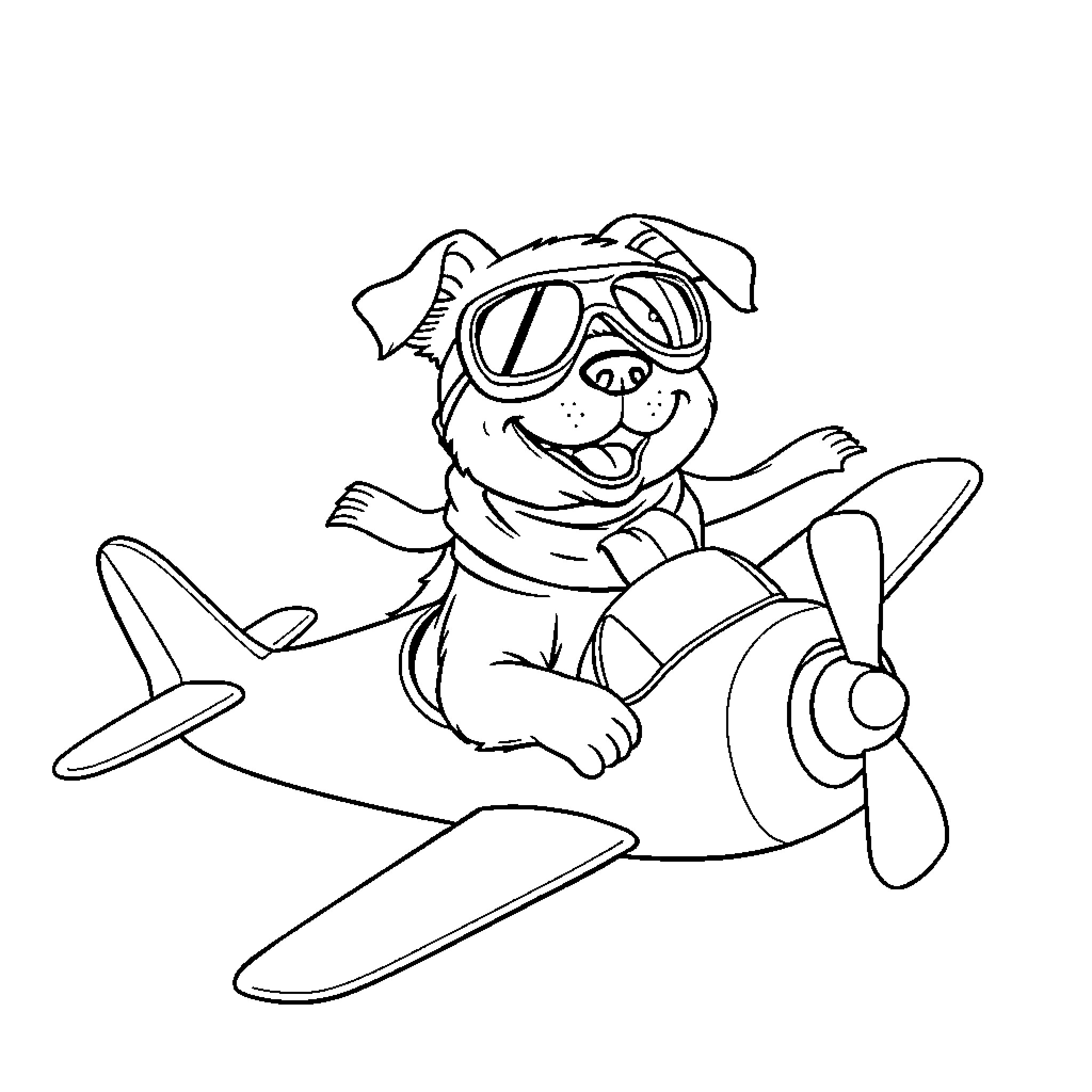 Dog Pilot Flying Playful Airplane Coloring Page (free black-and-white line drawing printable PDF for all, from beginners to advanced learners, including children, teens, adults, and seniors)