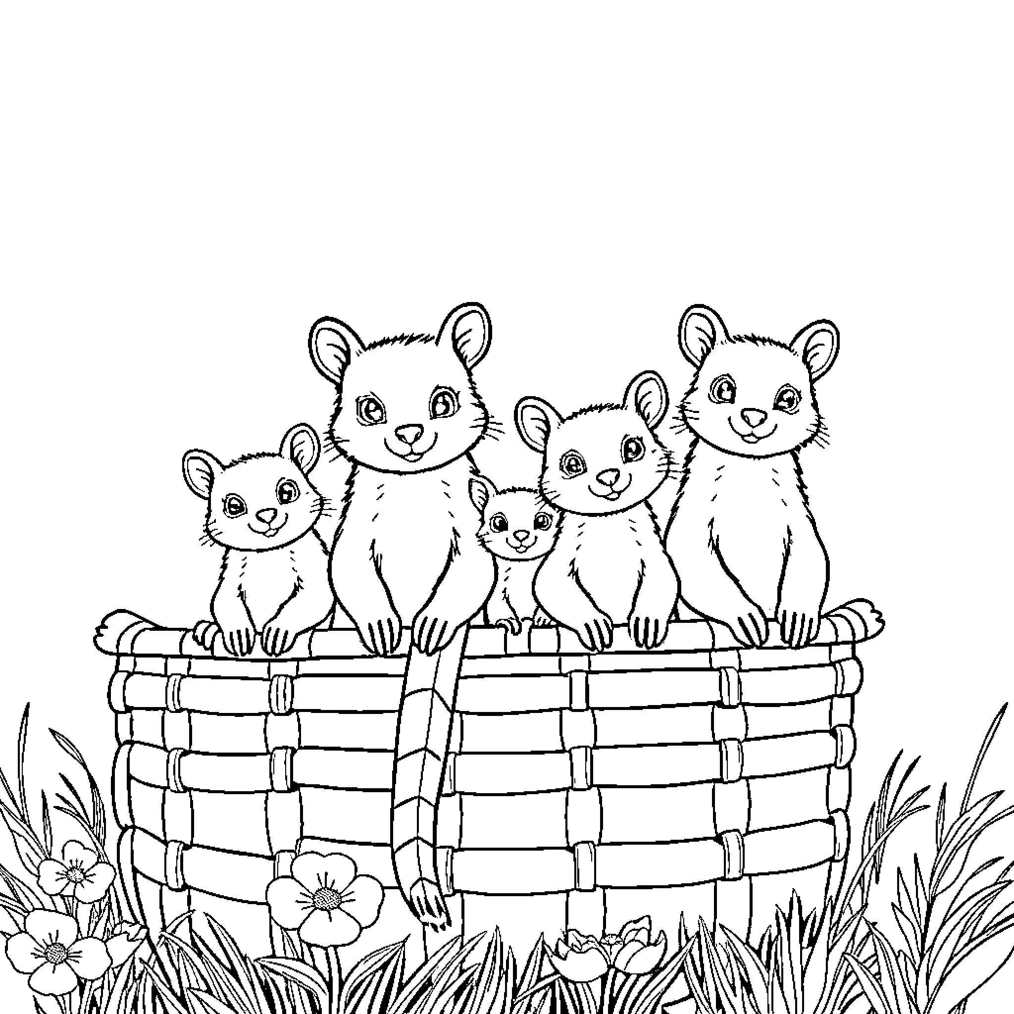 Rhinoceros family in a basket Coloring Page (free black-and-white line drawing printable PDF for all, from beginners to advanced learners, including children, teens, adults, and seniors)
