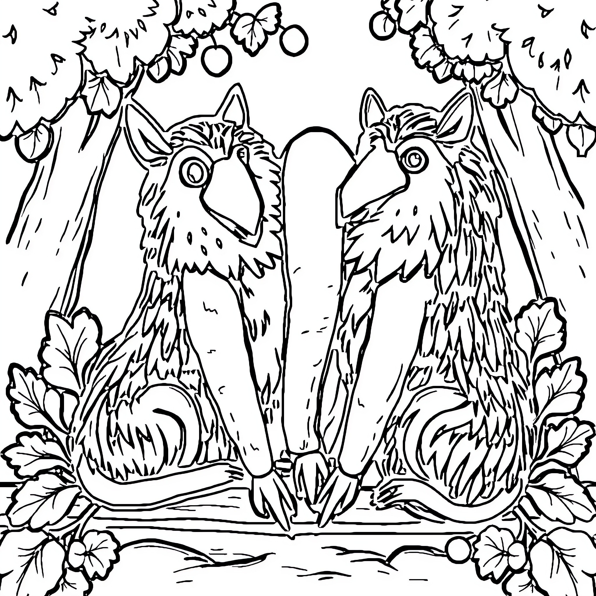 Italian Breinrot: Two Playful Parrots in Floral Surroundings Coloring Page (free black-and-white line drawing printable PDF for all, from beginners to advanced learners, including children, teens, adults, and seniors)
