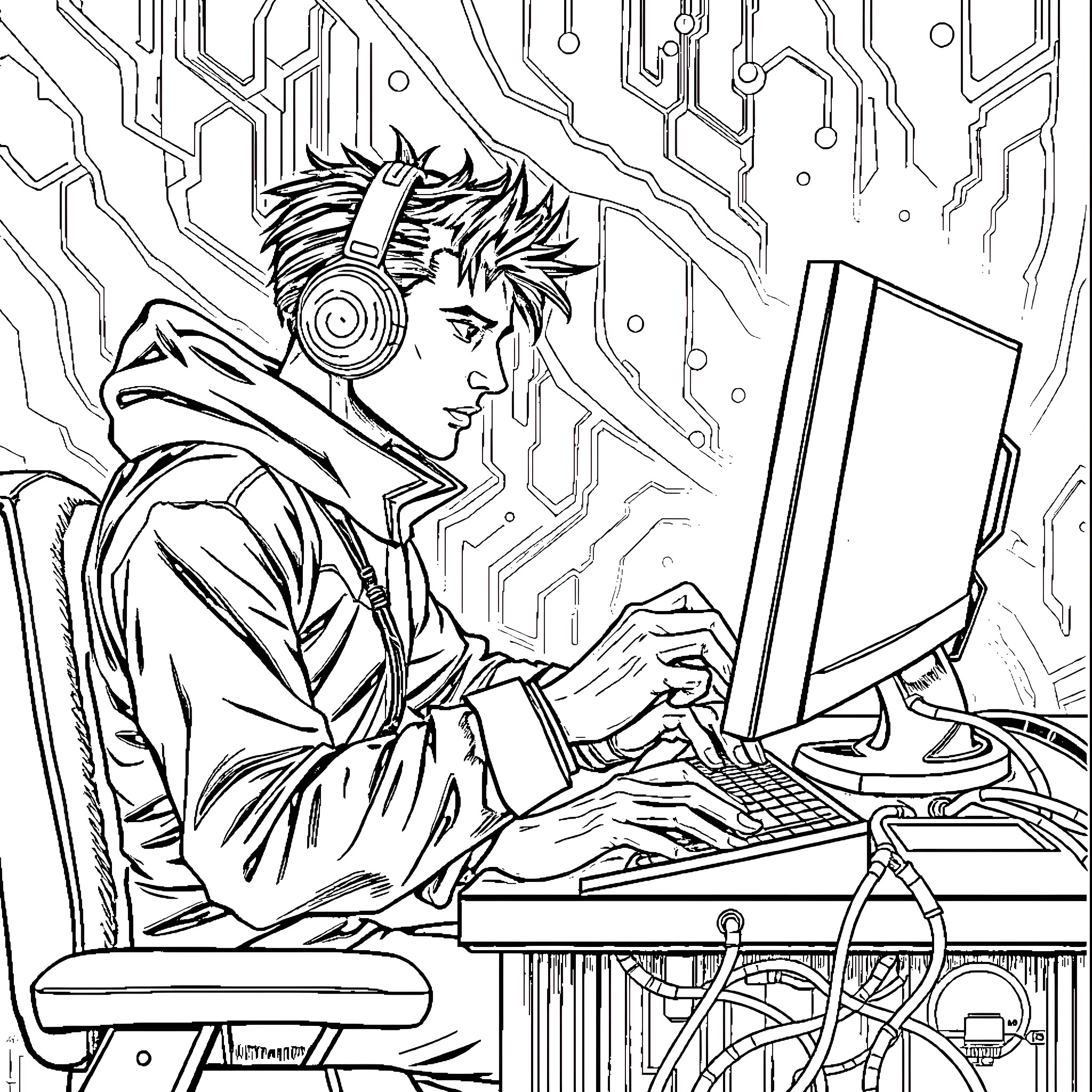Netrunner focused on computer system in cyber environment Coloring Page (free black-and-white line drawing printable PDF for all, from beginners to advanced learners, including children, teens, adults, and seniors)