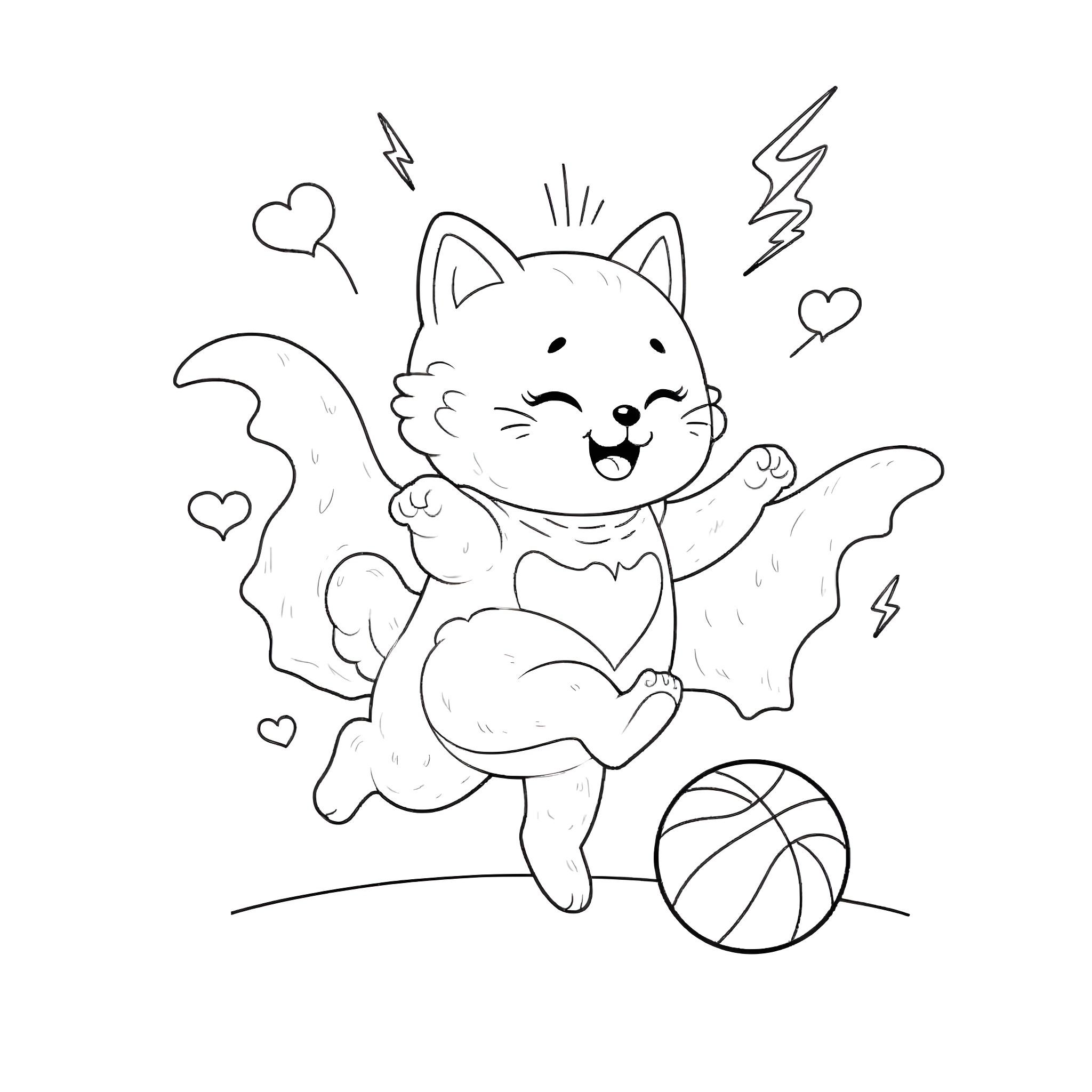 Kitty Playing Happily with Ball and Hearts Coloring Page (free black-and-white line drawing printable PDF for all, from beginners to advanced learners, including children, teens, adults, and seniors)