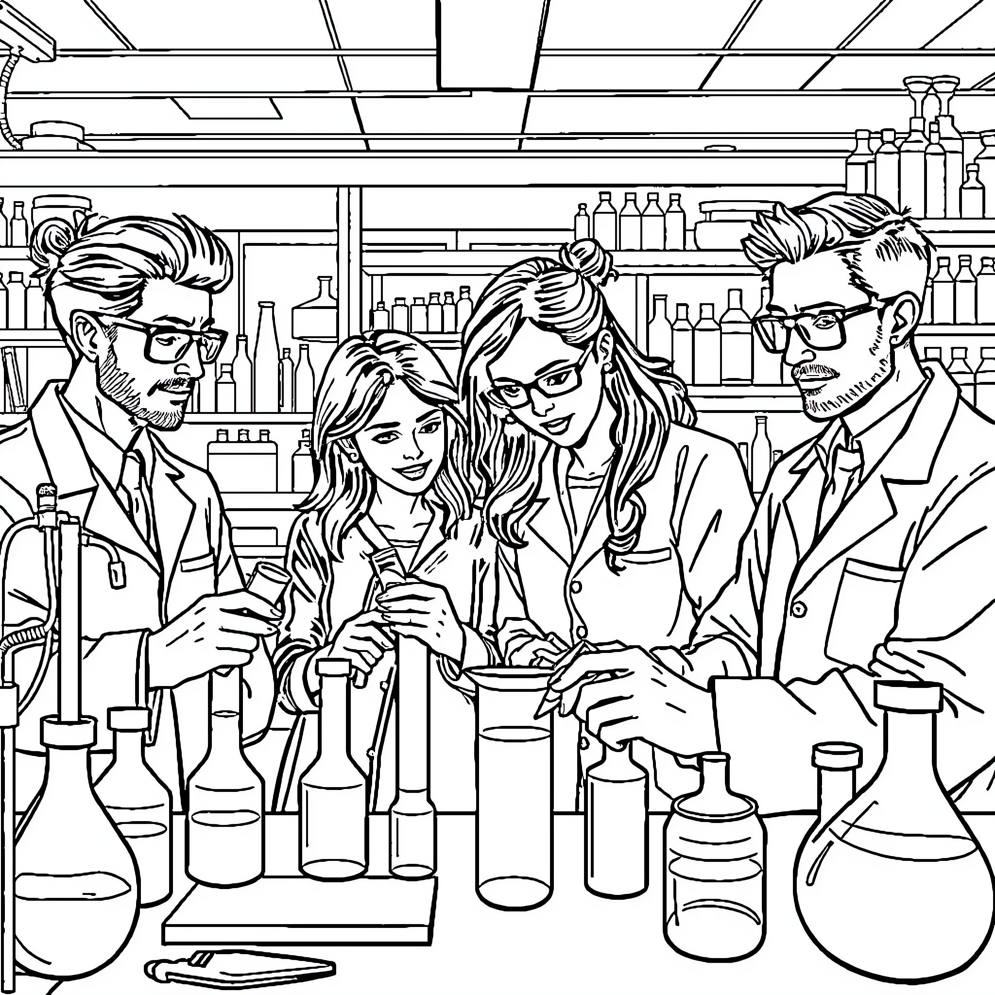 Scientists examining chemicals in a laboratory Coloring Page (free black-and-white line drawing printable PDF for all, from beginners to advanced learners, including children, teens, adults, and seniors)