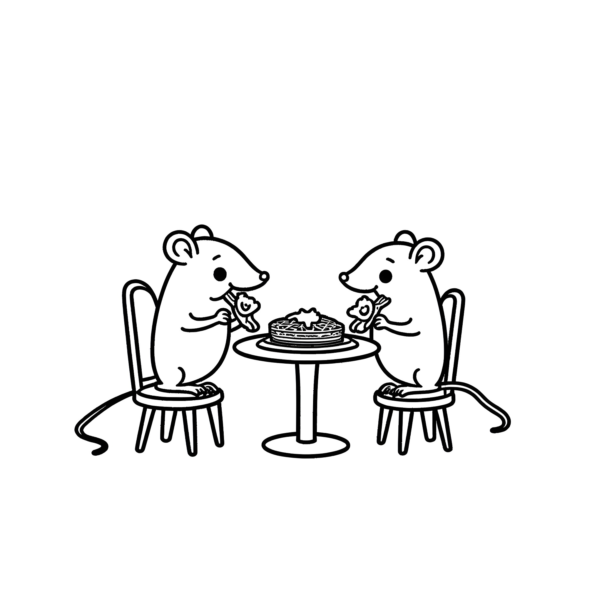 Rat friends enjoying a delightful dessert Coloring Page (free black-and-white line drawing printable PDF for all, from beginners to advanced learners, including children, teens, adults, and seniors)