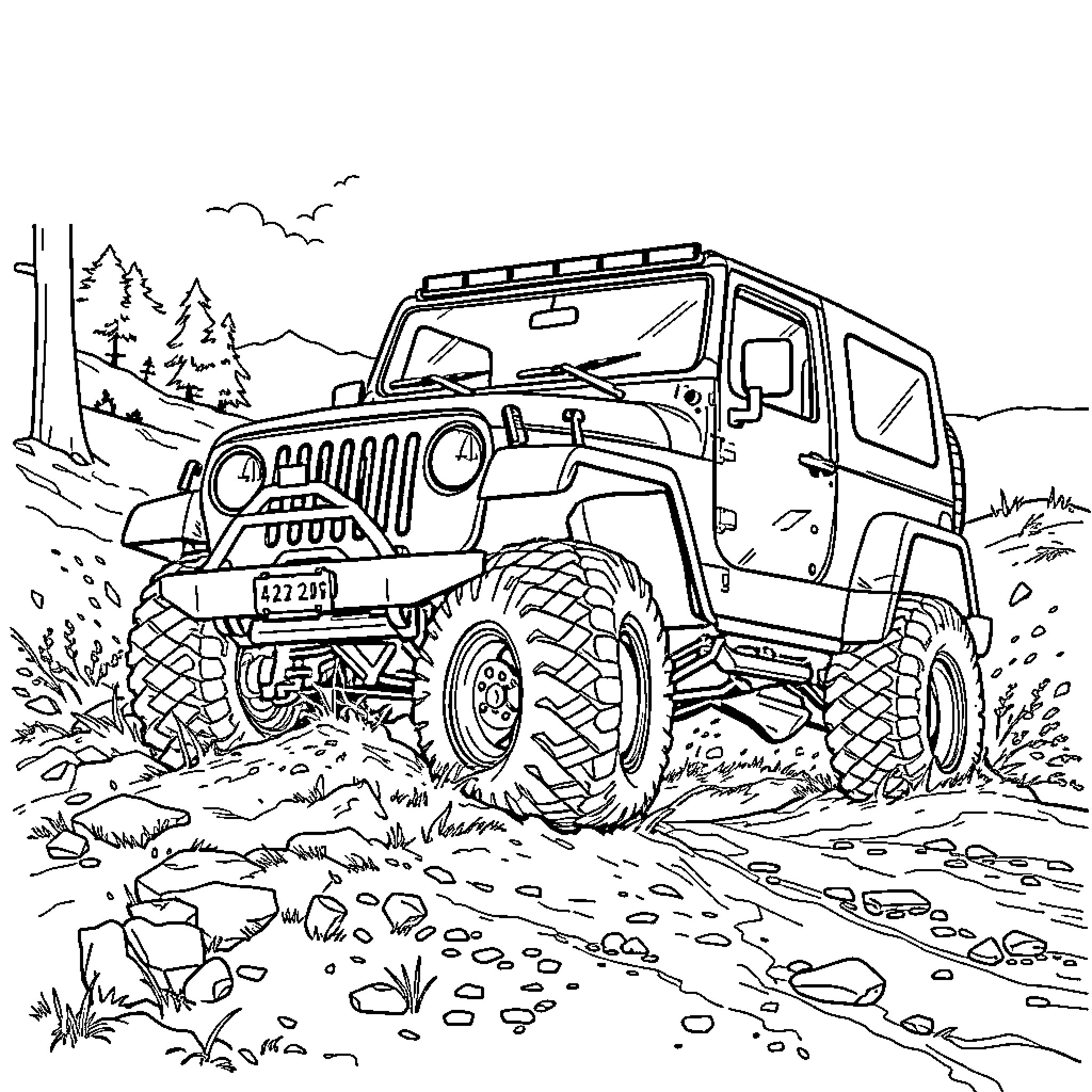 4x4 Car traversing rugged terrain in the wilderness Coloring Page (free black-and-white line drawing printable PDF for all, from beginners to advanced learners, including children, teens, adults, and seniors)