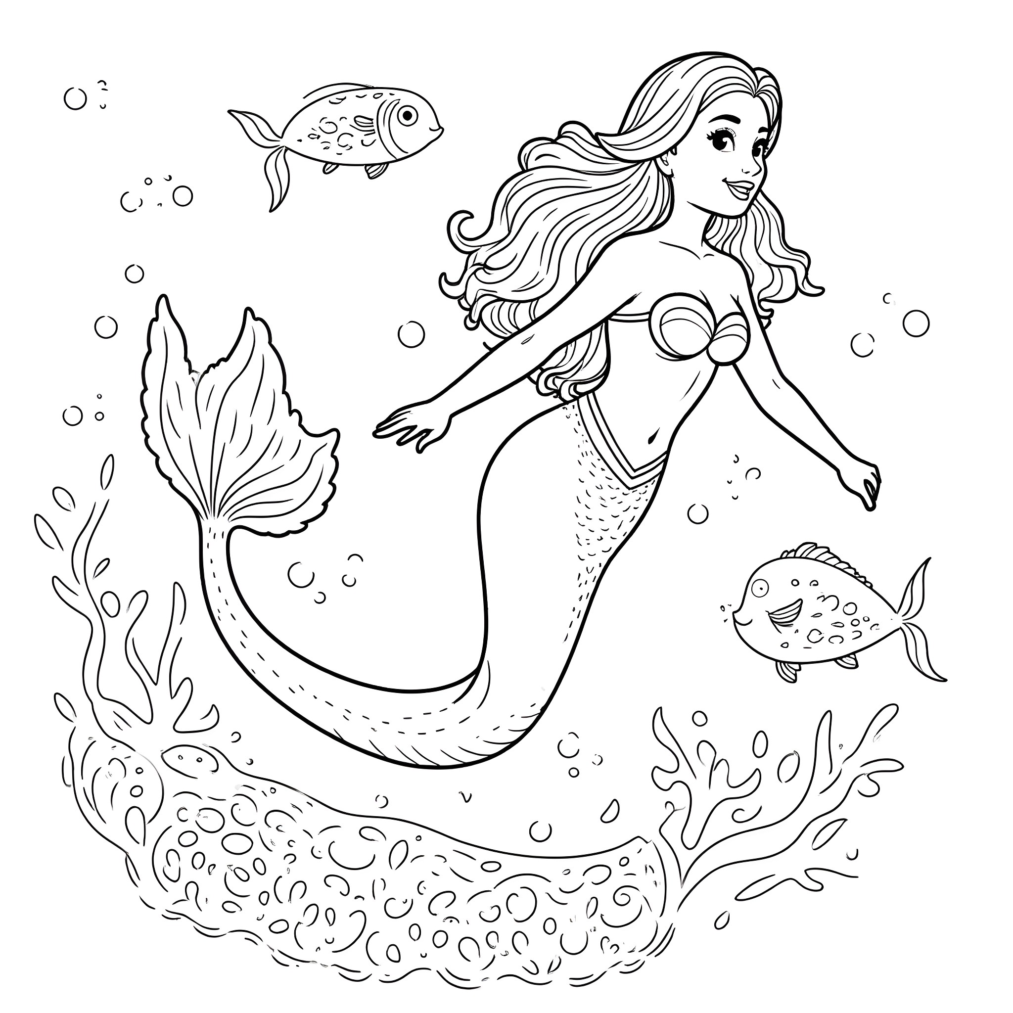 Mermaid swimming gracefully underwater with colorful fish Coloring Page (free black-and-white line drawing printable PDF for all, from beginners to advanced learners, including children, teens, adults, and seniors)