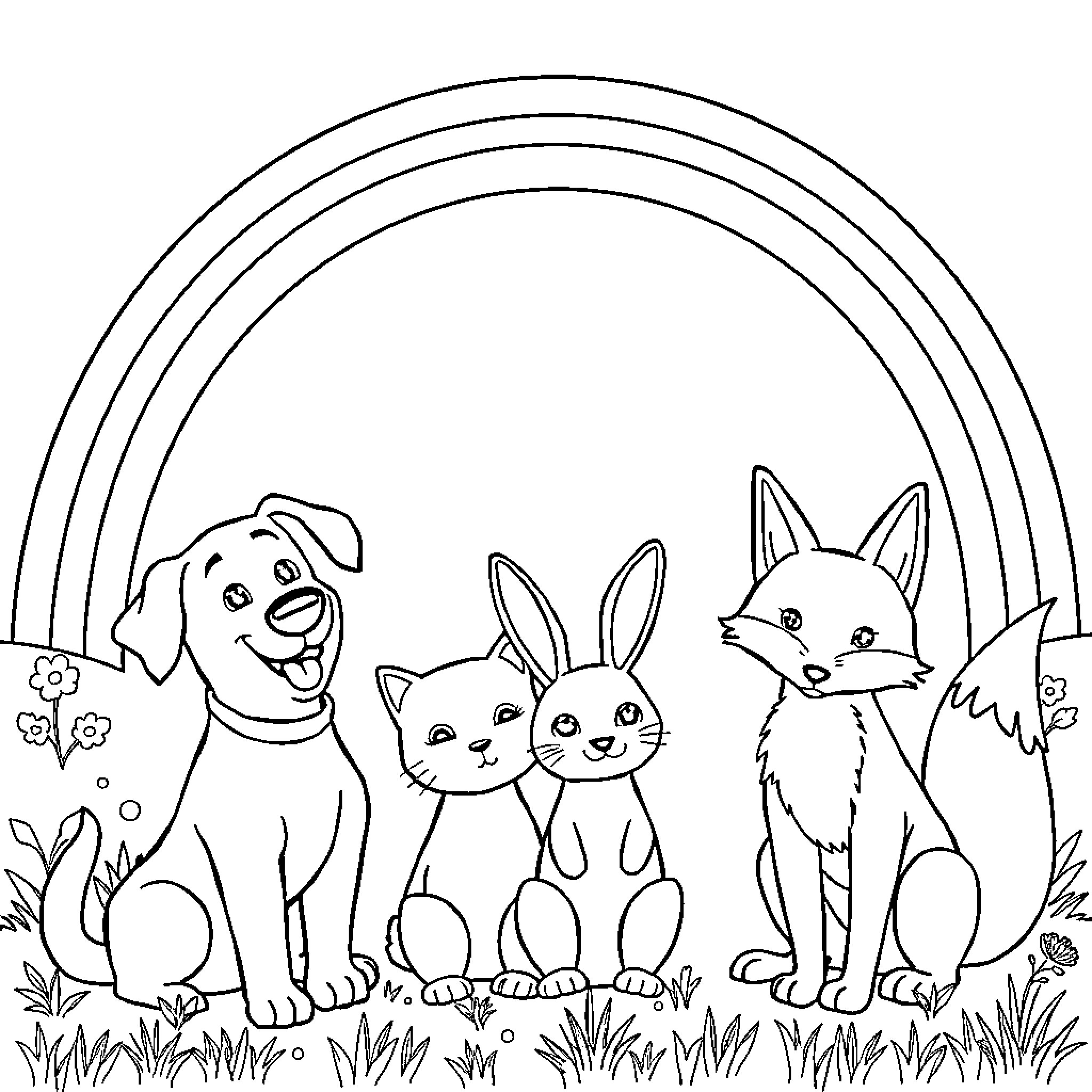 Animal friends enjoying outdoor scene Coloring Page (free black-and-white line drawing printable PDF for all, from beginners to advanced learners, including children, teens, adults, and seniors)