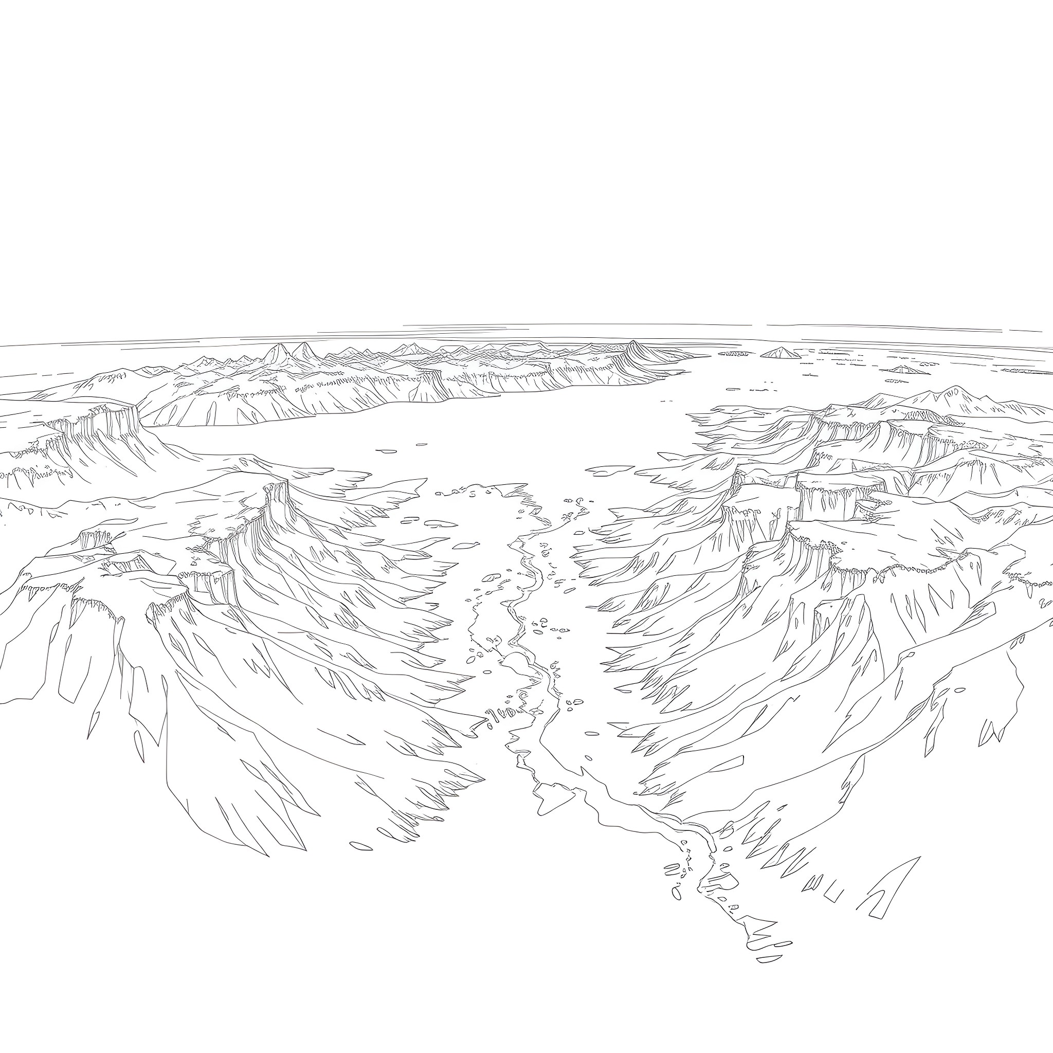 Plane soaring over majestic mountain landscape Coloring Page (free black-and-white line drawing printable PDF for all, from beginners to advanced learners, including children, teens, adults, and seniors)