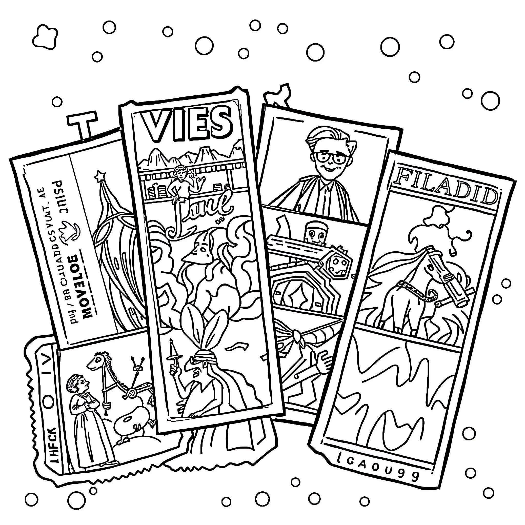 Movie Ticket Stubs with Diverse Artwork and Imagery Coloring Page (free black-and-white line drawing printable PDF for all, from beginners to advanced learners, including children, teens, adults, and seniors)