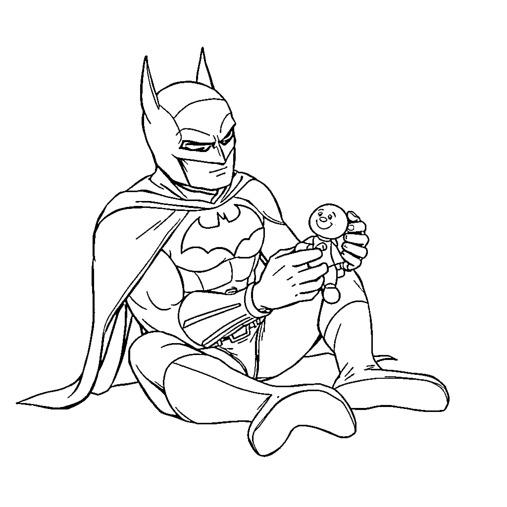 Batman relaxing with a toy in black and white Coloring Page (free black-and-white line drawing printable PDF for all, from beginners to advanced learners, including children, teens, adults, and seniors)