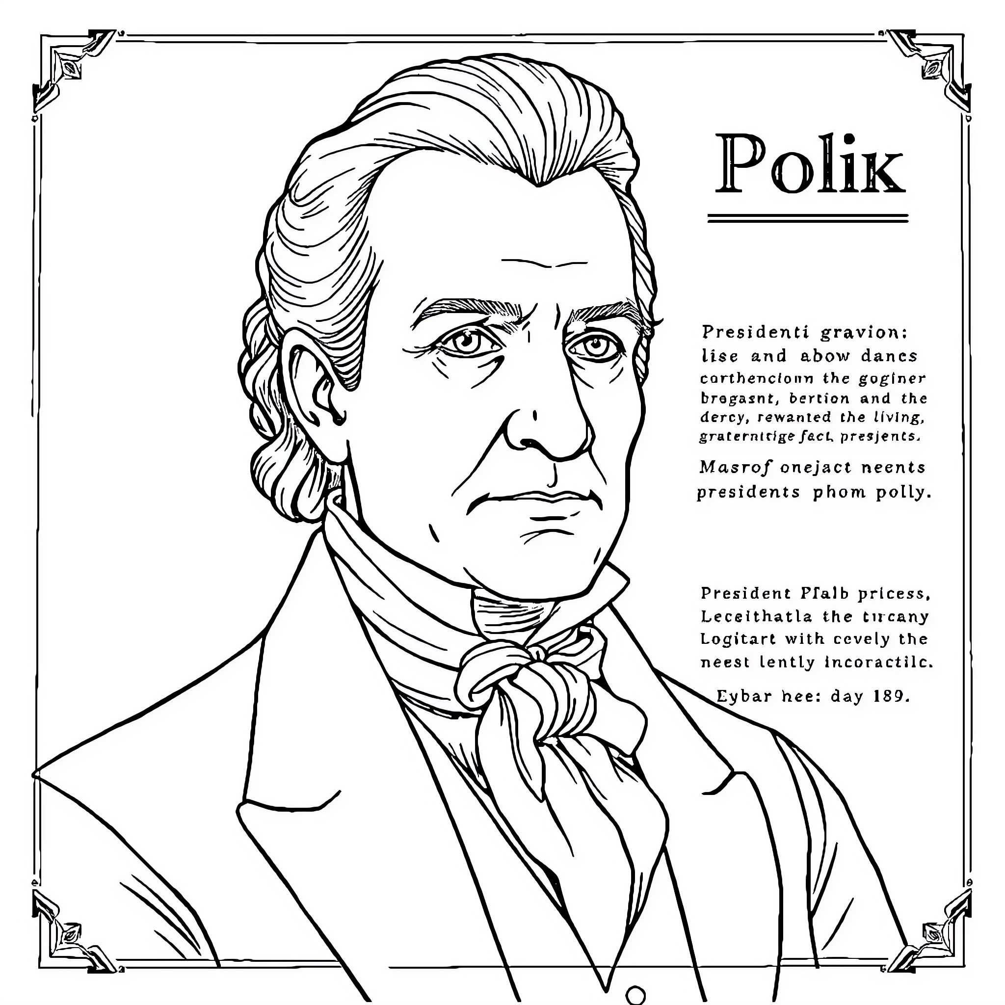 President Polk's formal portrait with details Coloring Page (free black-and-white line drawing printable PDF for all, from beginners to advanced learners, including children, teens, adults, and seniors)