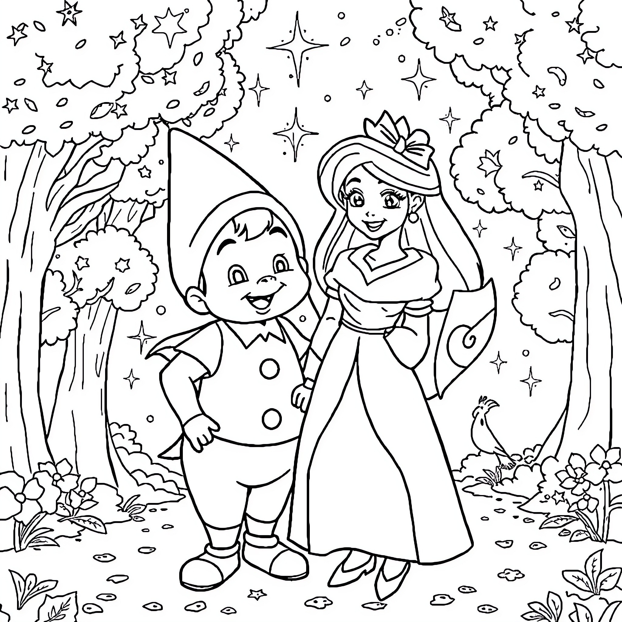 Cinderella and the Joyful Fairy Tale Wonderland Coloring Page (free black-and-white line drawing printable PDF for all, from beginners to advanced learners, including children, teens, adults, and seniors)