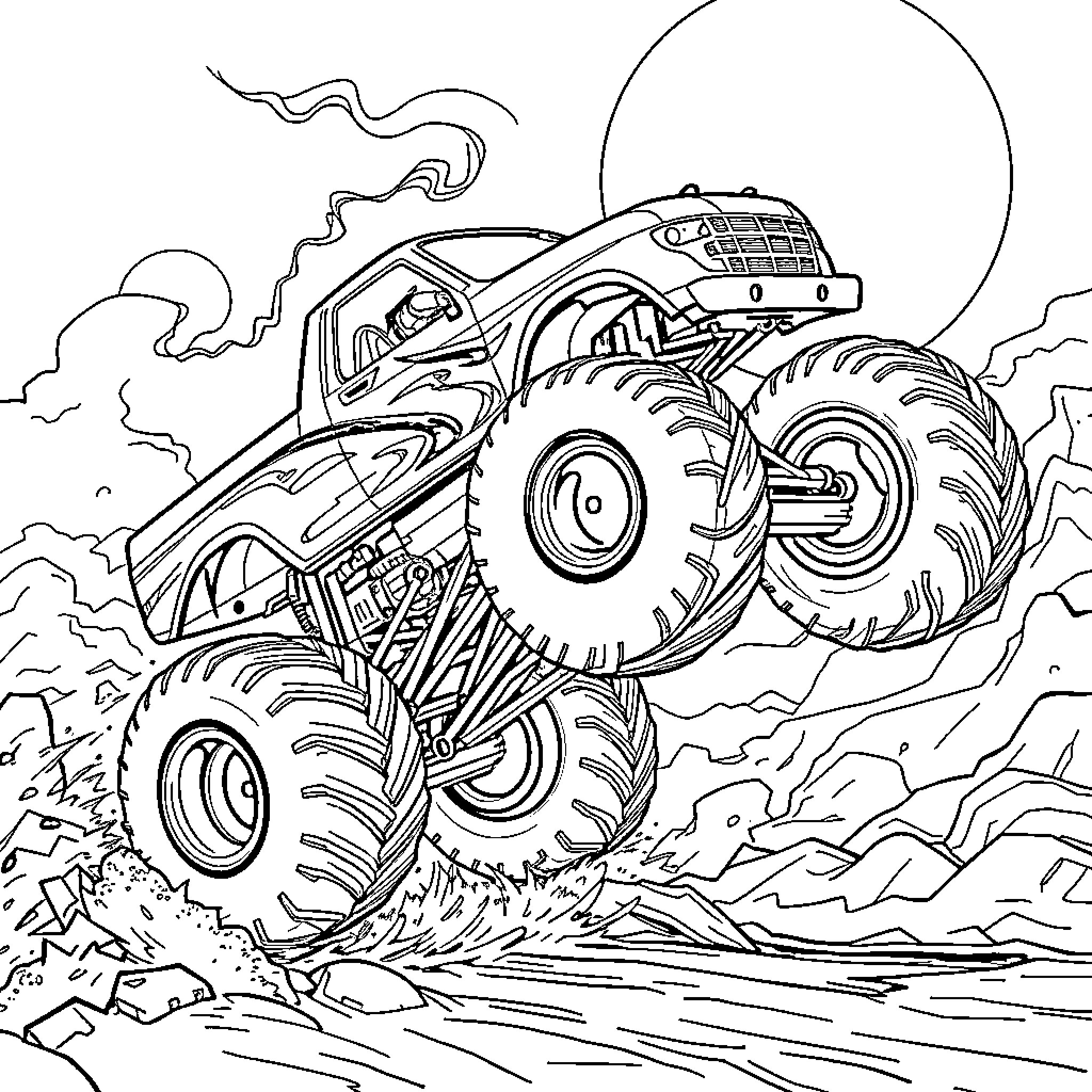 Monster Truck Crushing Through Rugged Terrain Coloring Page (free black-and-white line drawing printable PDF for all, from beginners to advanced learners, including children, teens, adults, and seniors)