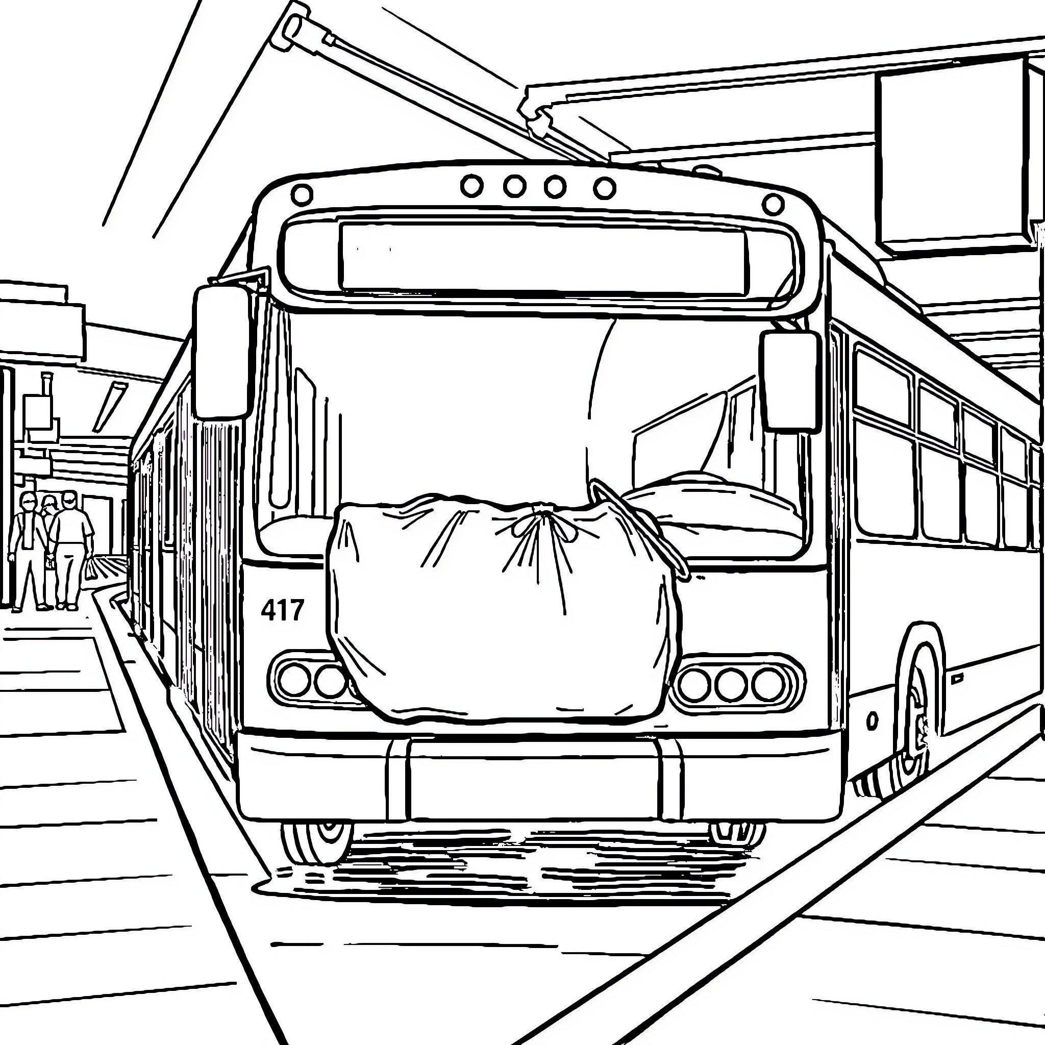 Bus with Passengers Waiting at Station Coloring Page (free black-and-white line drawing printable PDF for all, from beginners to advanced learners, including children, teens, adults, and seniors)
