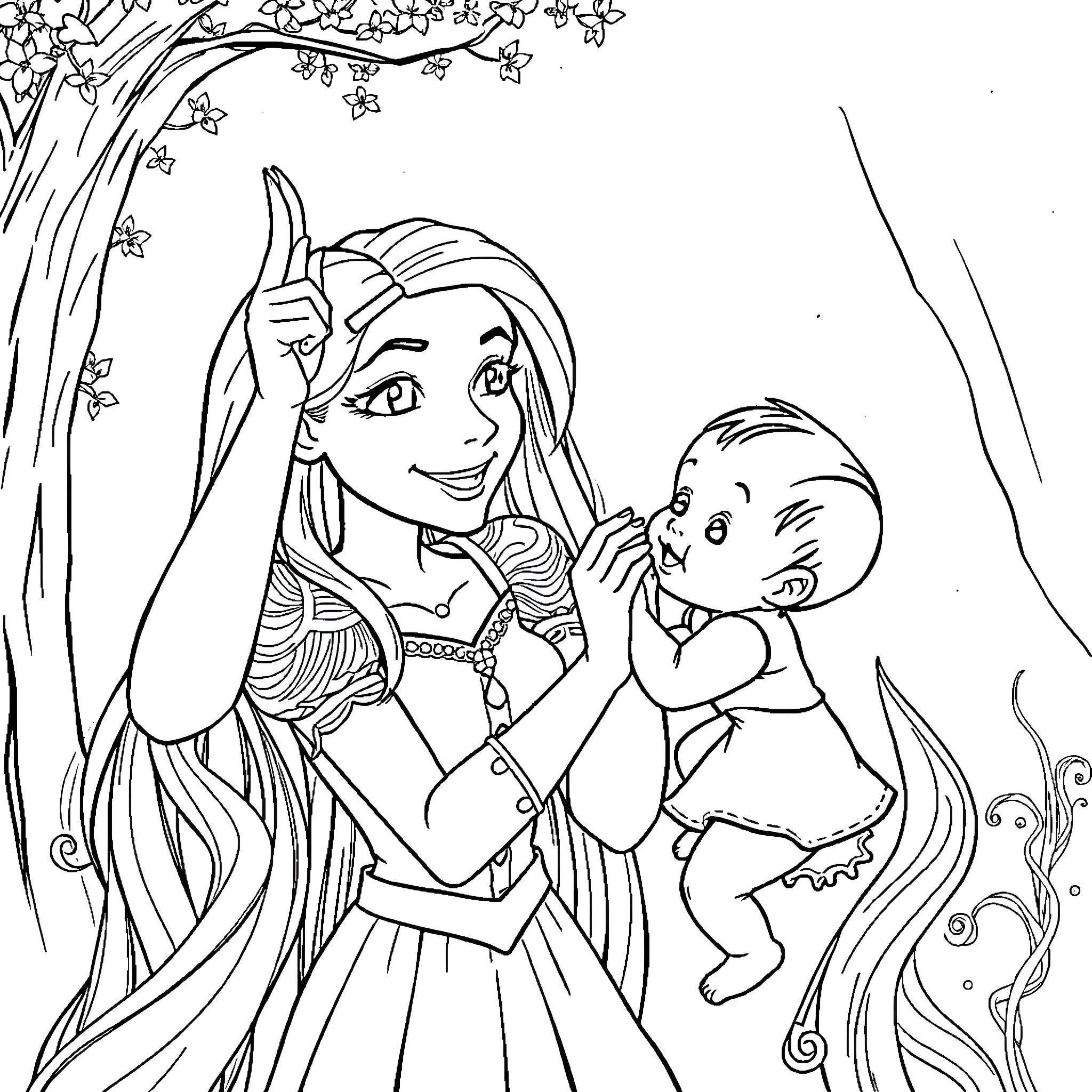 Rapunzel and her baby in a whimsical forest scene Coloring Page (free black-and-white line drawing printable PDF for all, from beginners to advanced learners, including children, teens, adults, and seniors)